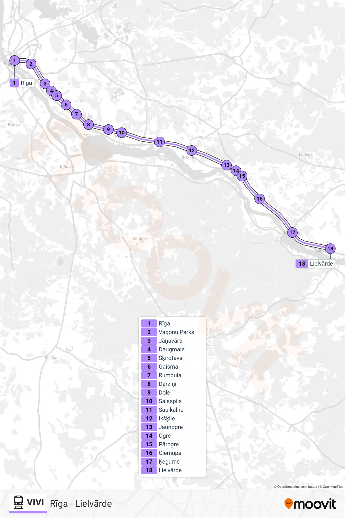 VIVI rail Line (Rīga - Lielvārde) route and stops on a map