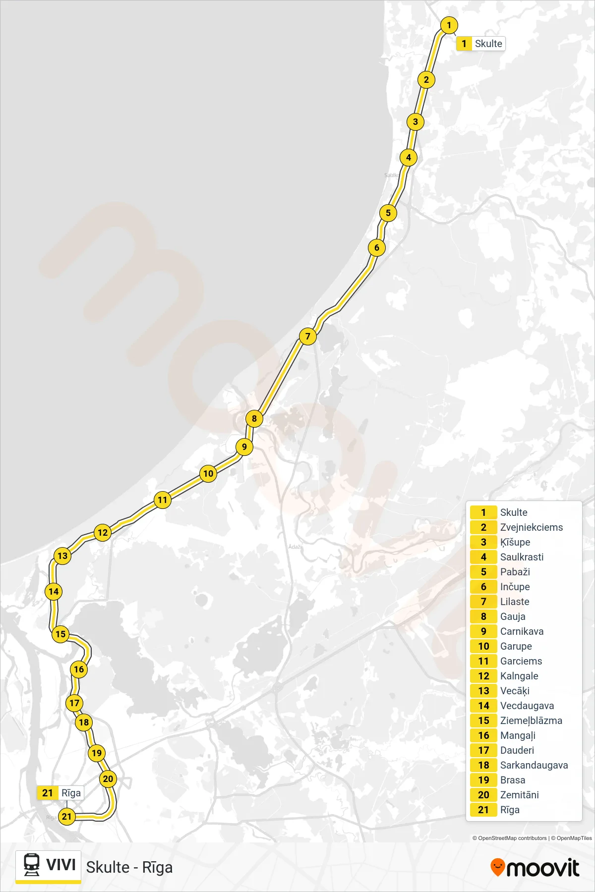 VIVI rail Line (Skulte - Rīga) route and stops on a map