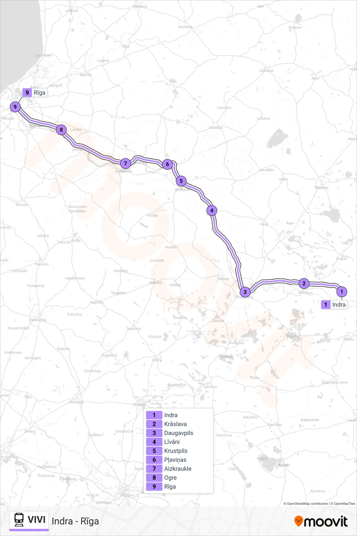 VIVI rail Line (Indra - Rīga) route and stops on a map