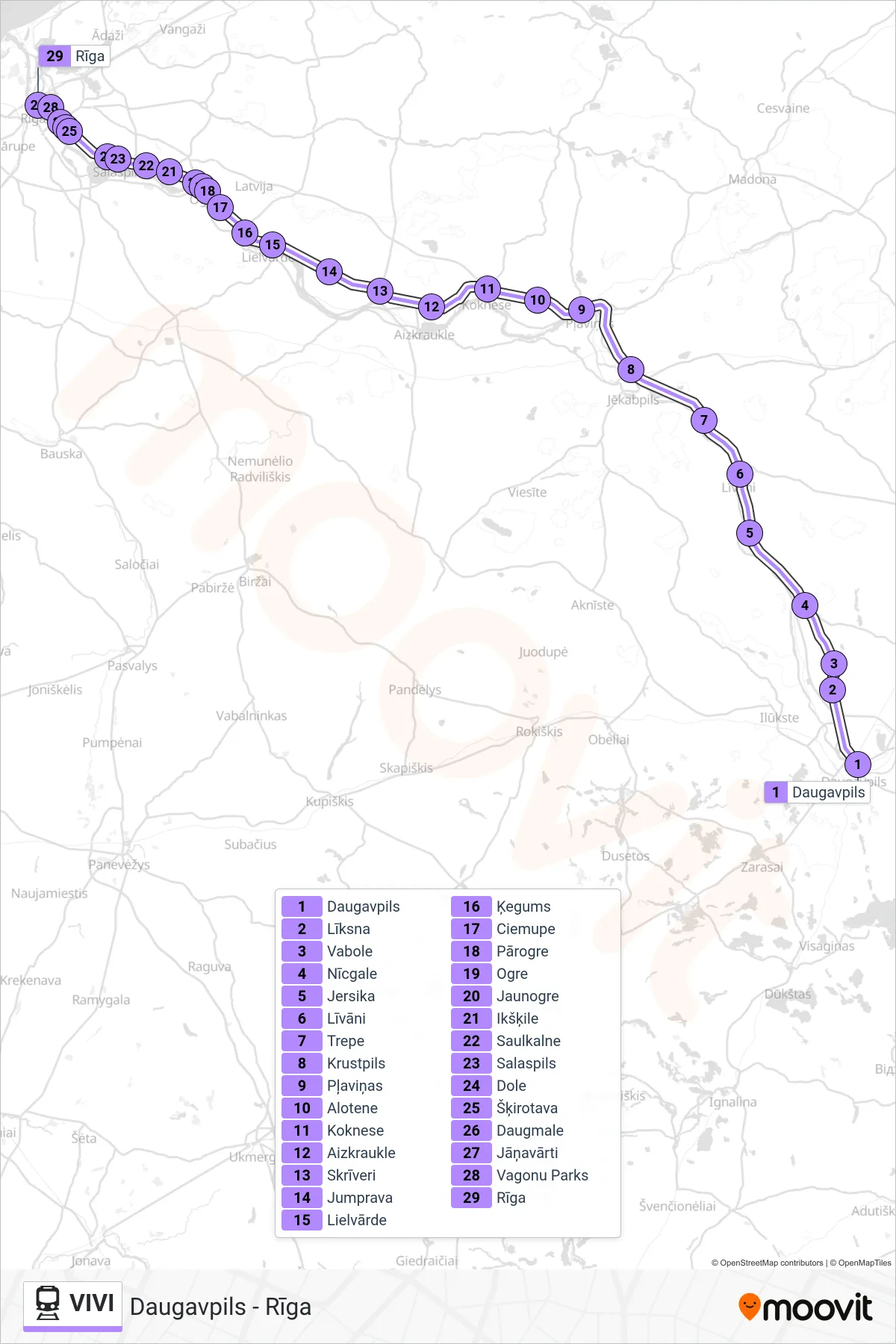 VIVI rail Line (Daugavpils - Rīga) route and stops on a map