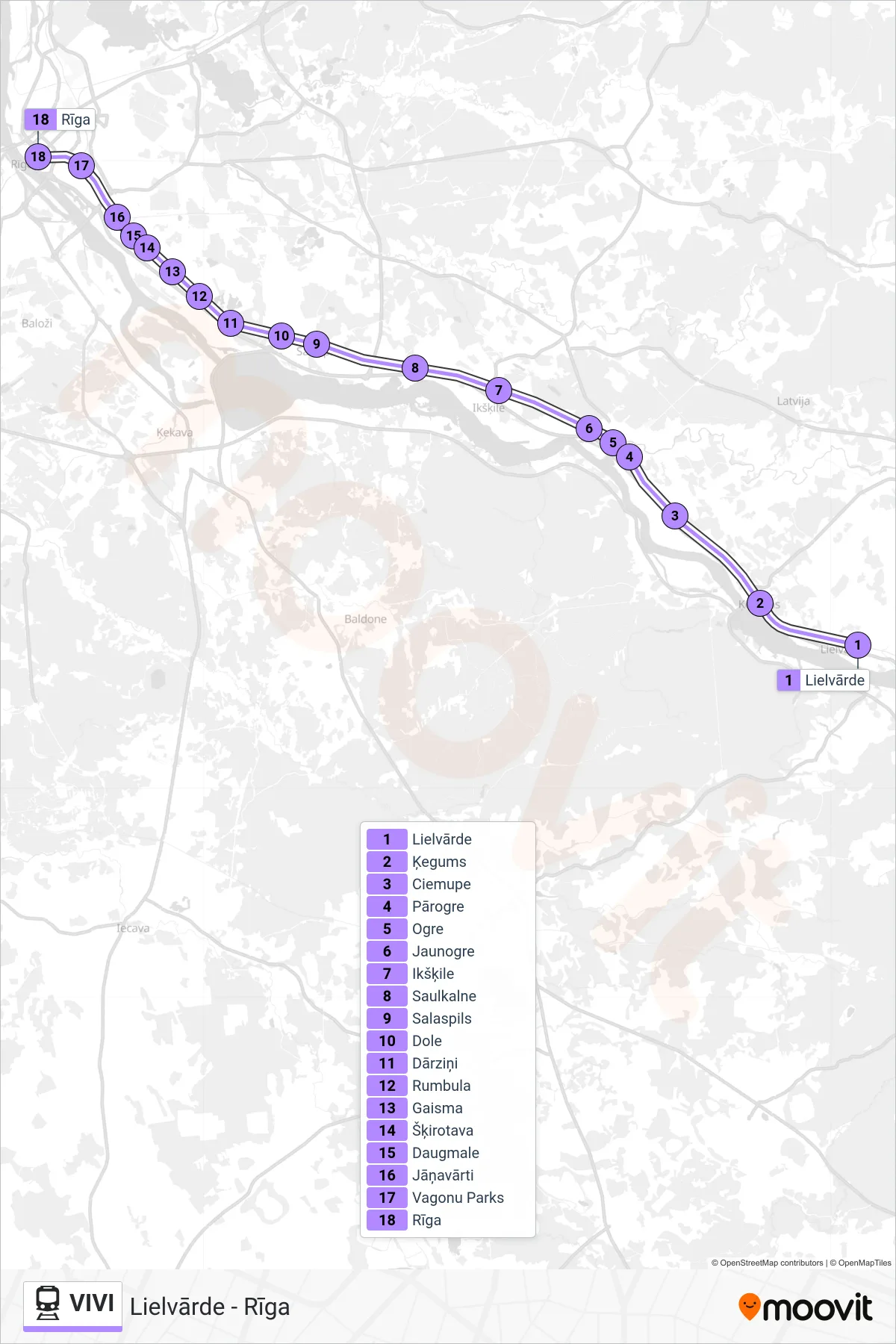 VIVI rail Line (Lielvārde - Rīga) route and stops on a map