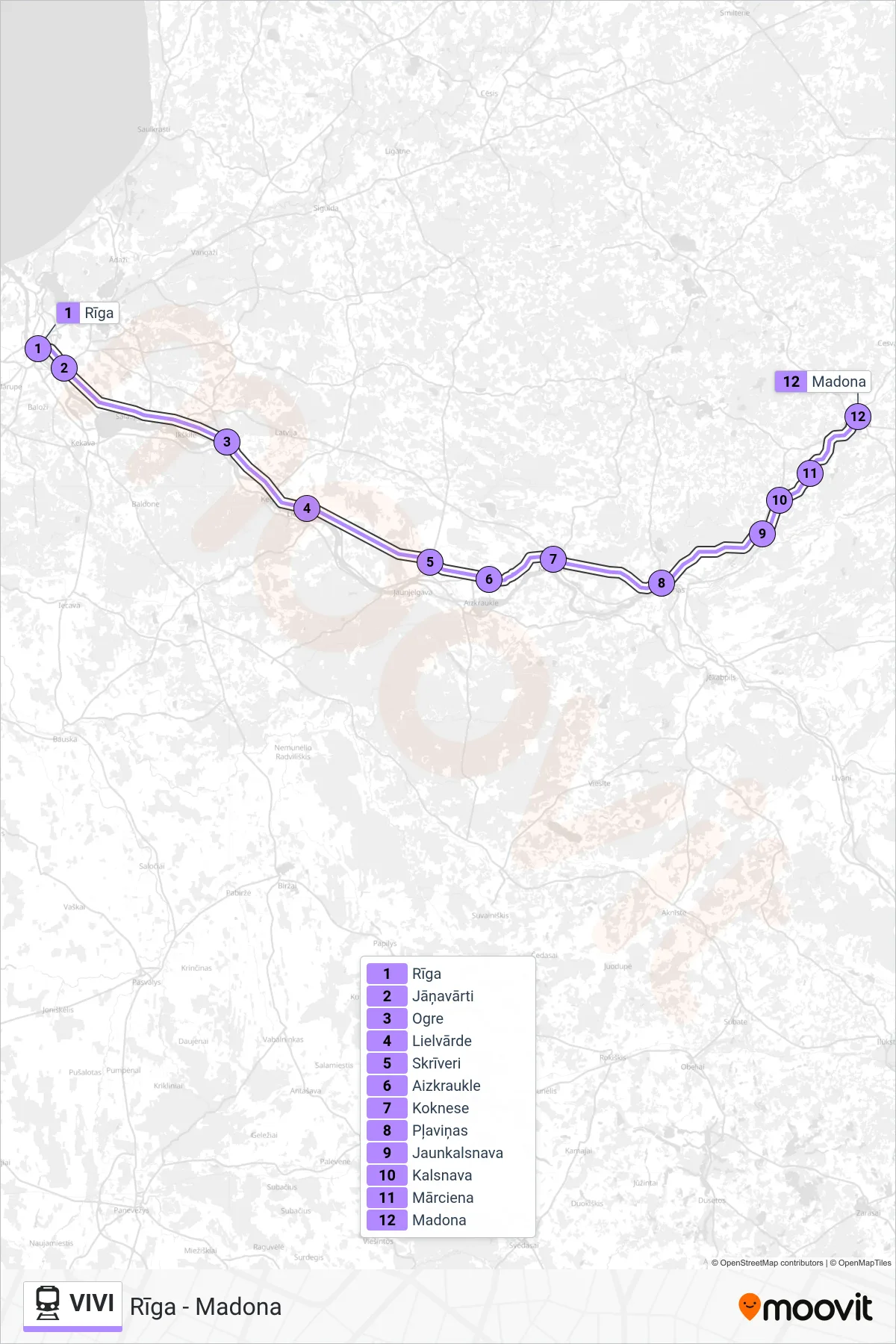 VIVI train Line (Rīga - Madona) route and stops on a map