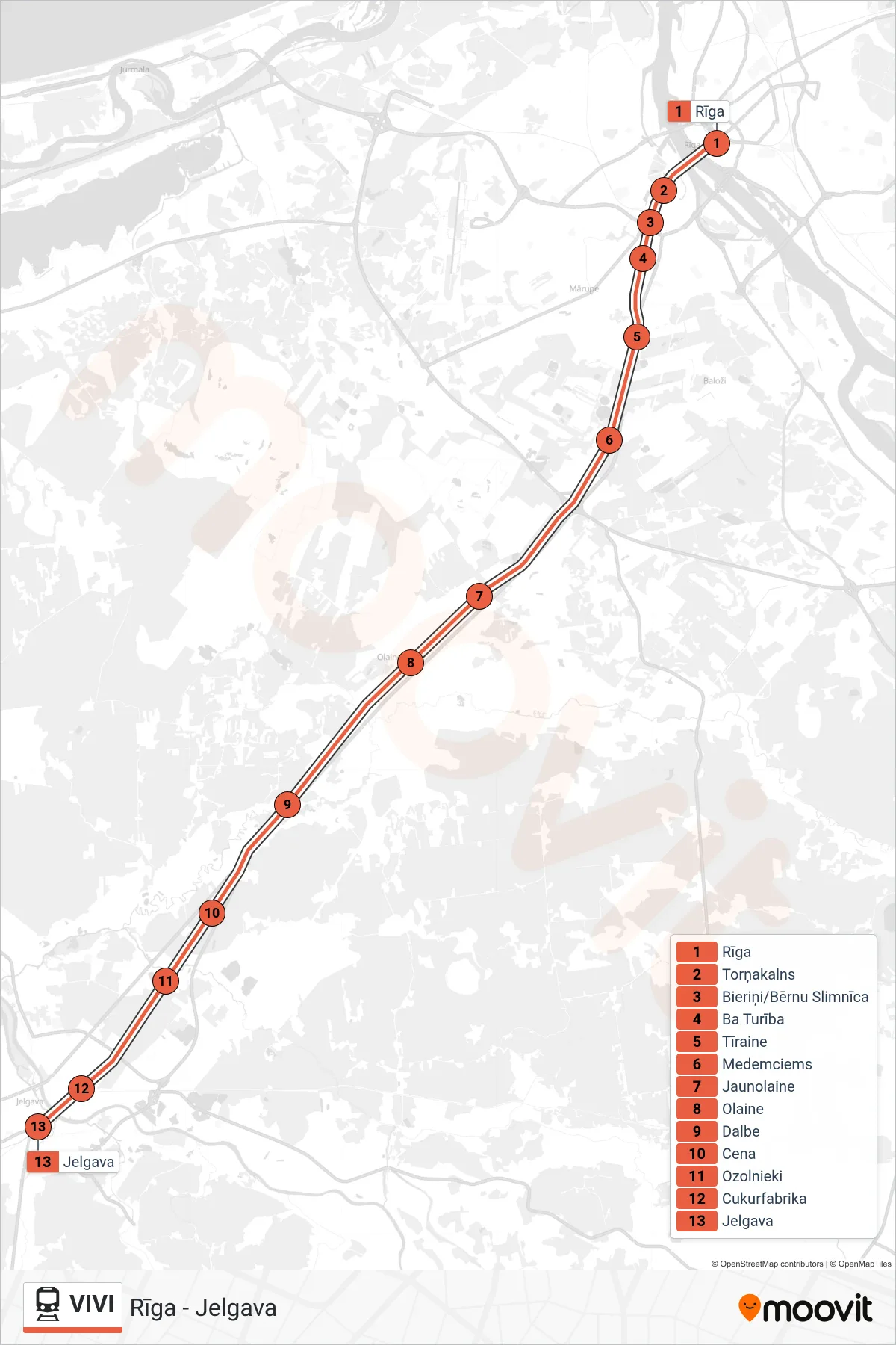 VIVI train Line (Rīga - Jelgava) route and stops on a map