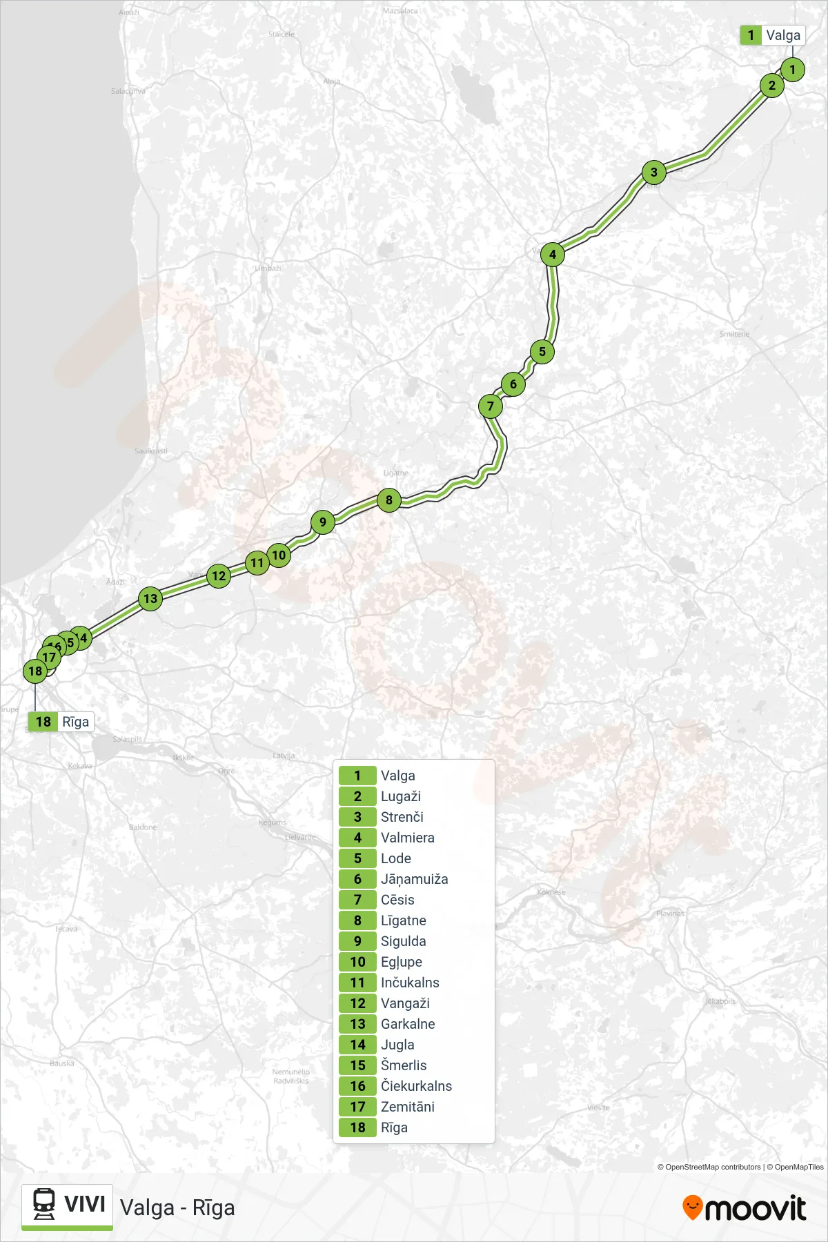 VIVI rail Line (Valga - Rīga) route and stops on a map