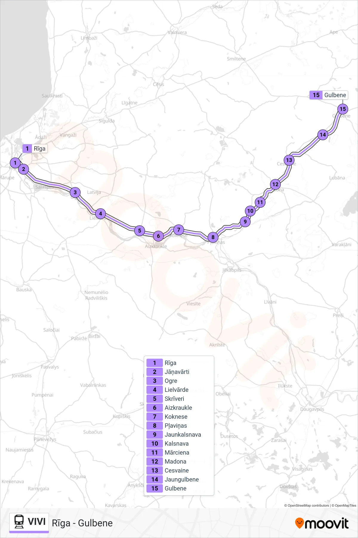 VIVI rail Line (Rīga - Gulbene) route and stops on a map