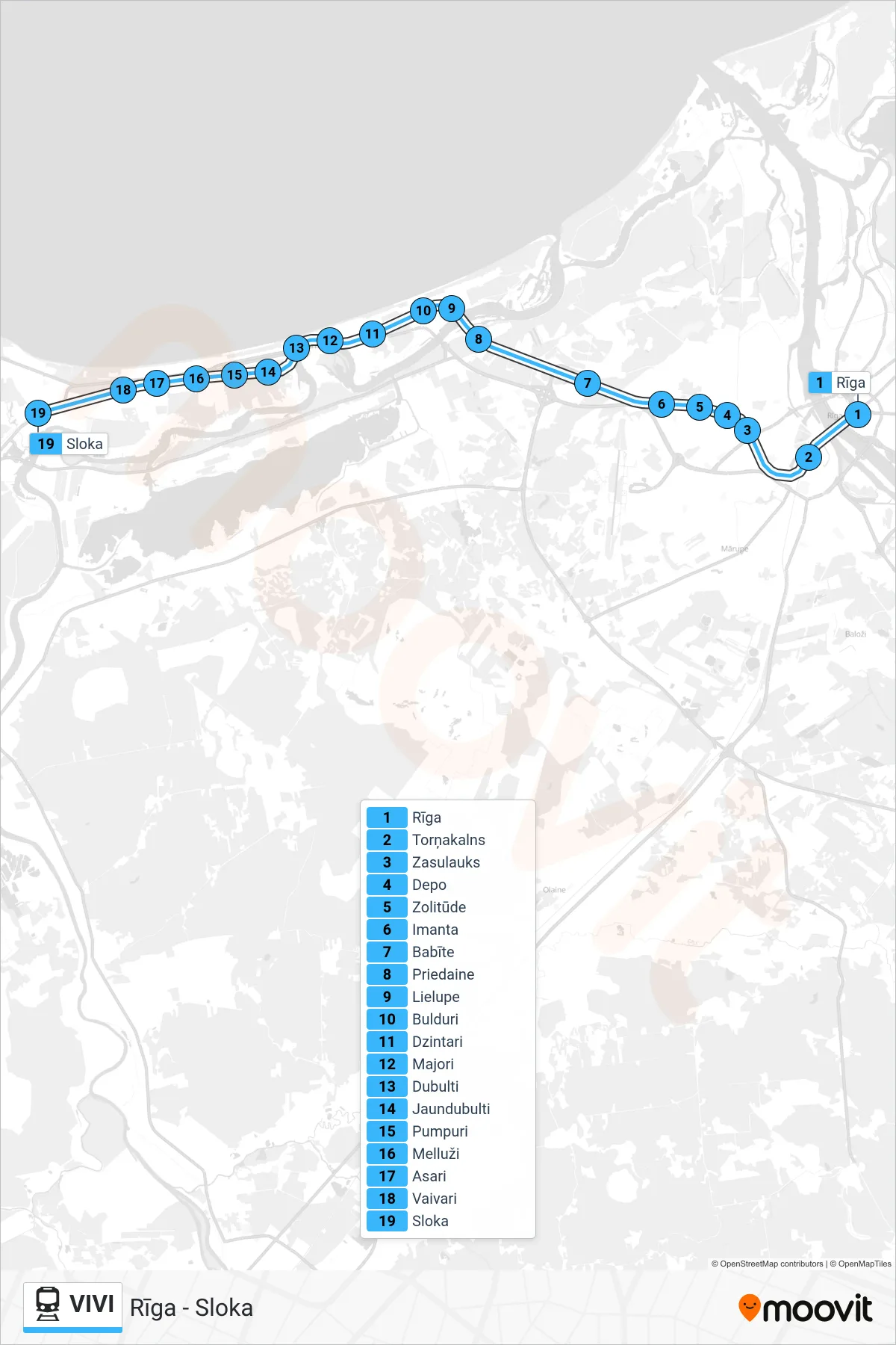 VIVI rail Line (Rīga - Sloka) route and stops on a map