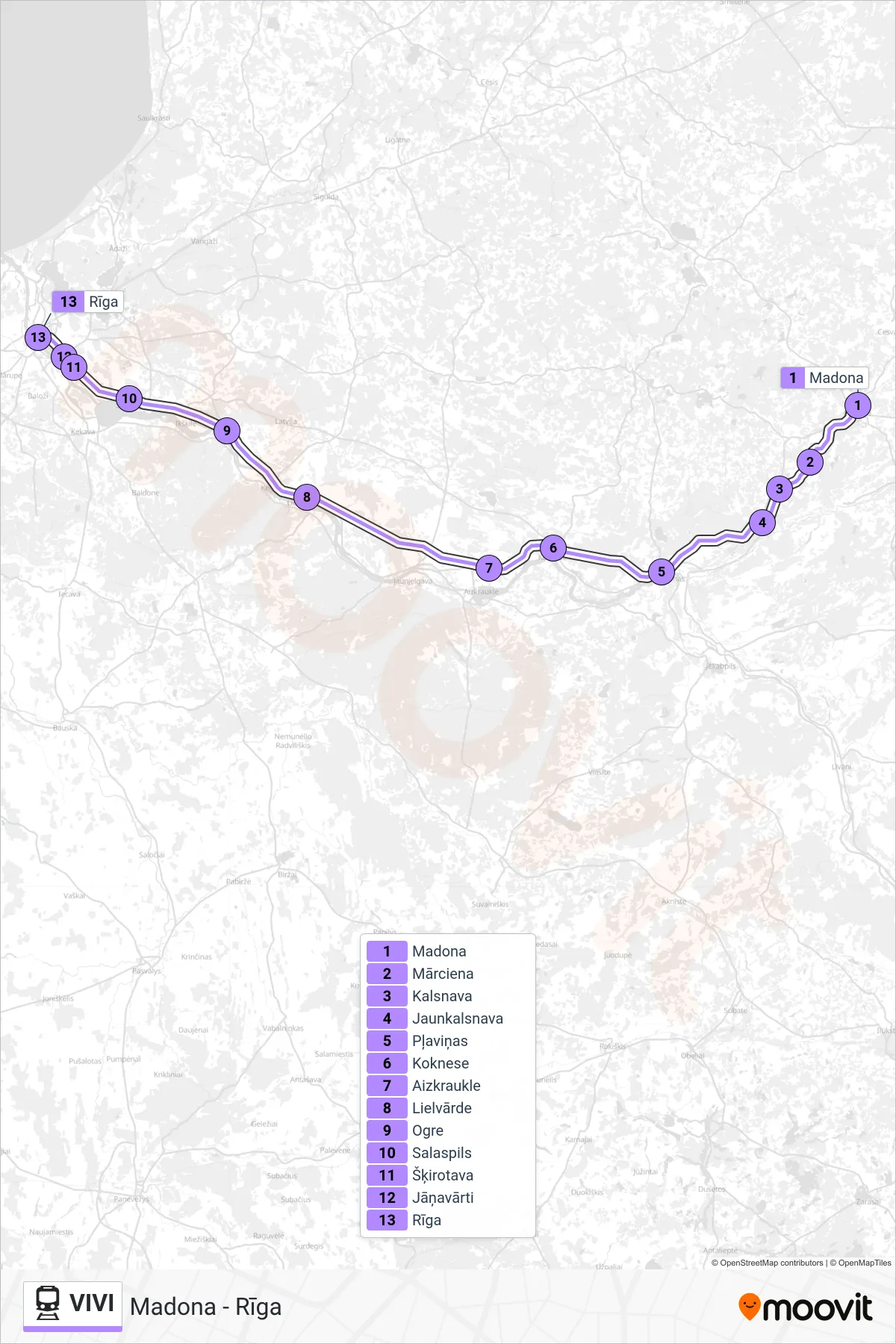 VIVI rail Line (Madona - Rīga) route and stops on a map