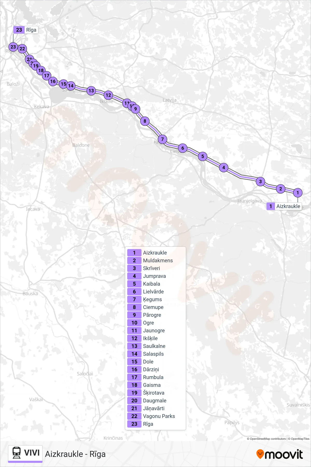 VIVI train Line (Aizkraukle - Rīga) route and stops on a map