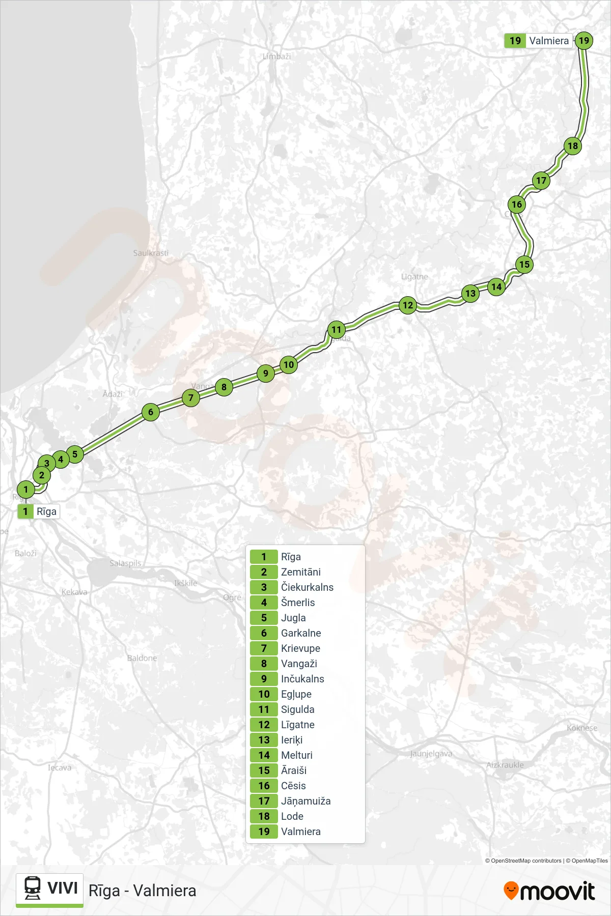 VIVI train Line (Rīga - Valmiera) route and stops on a map