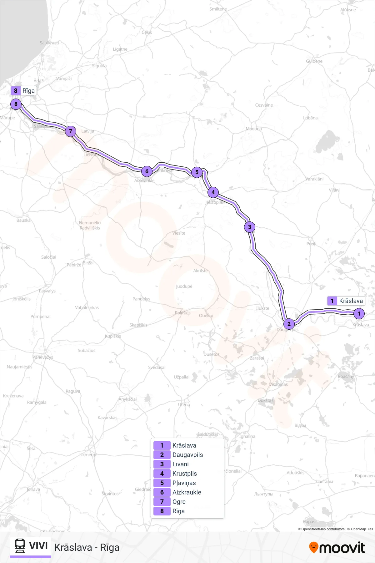 VIVI train Line (Krāslava - Rīga) route and stops on a map