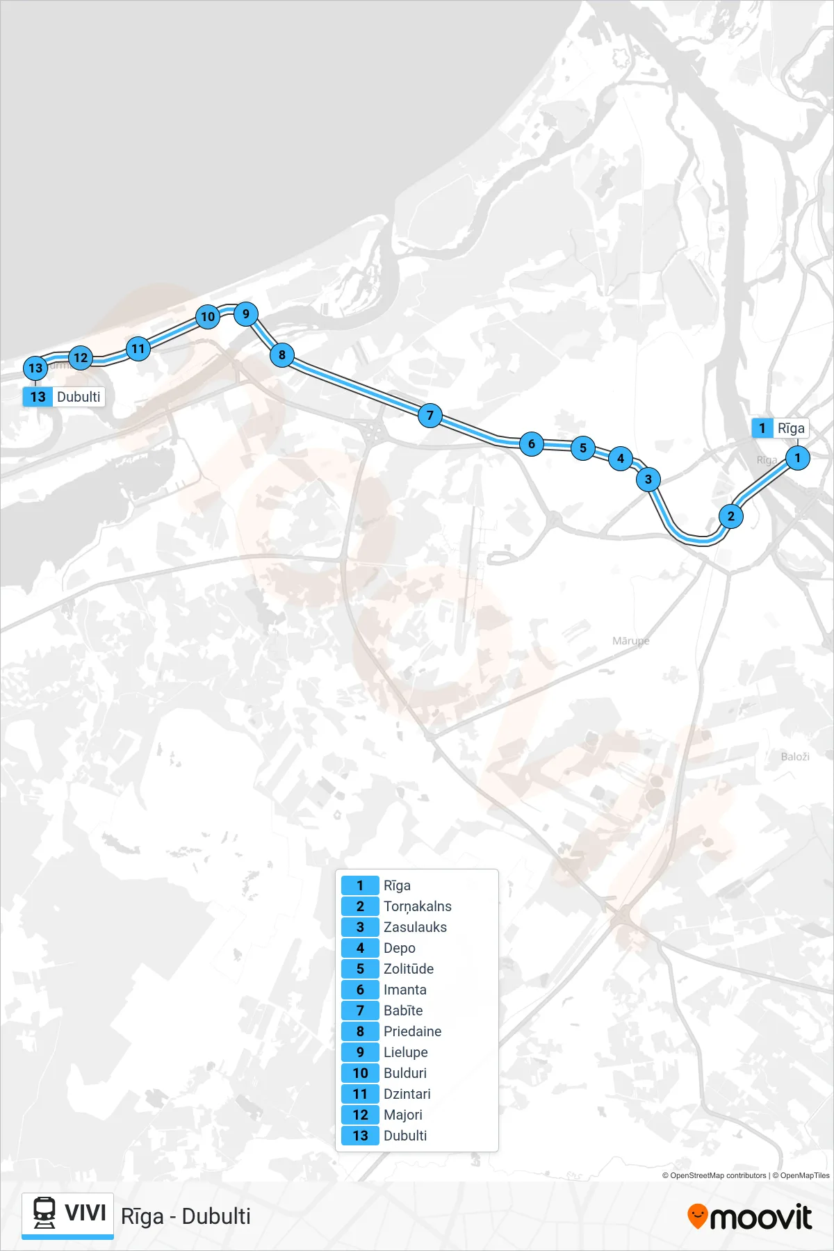 VIVI rail Line (Rīga - Dubulti) route and stops on a map