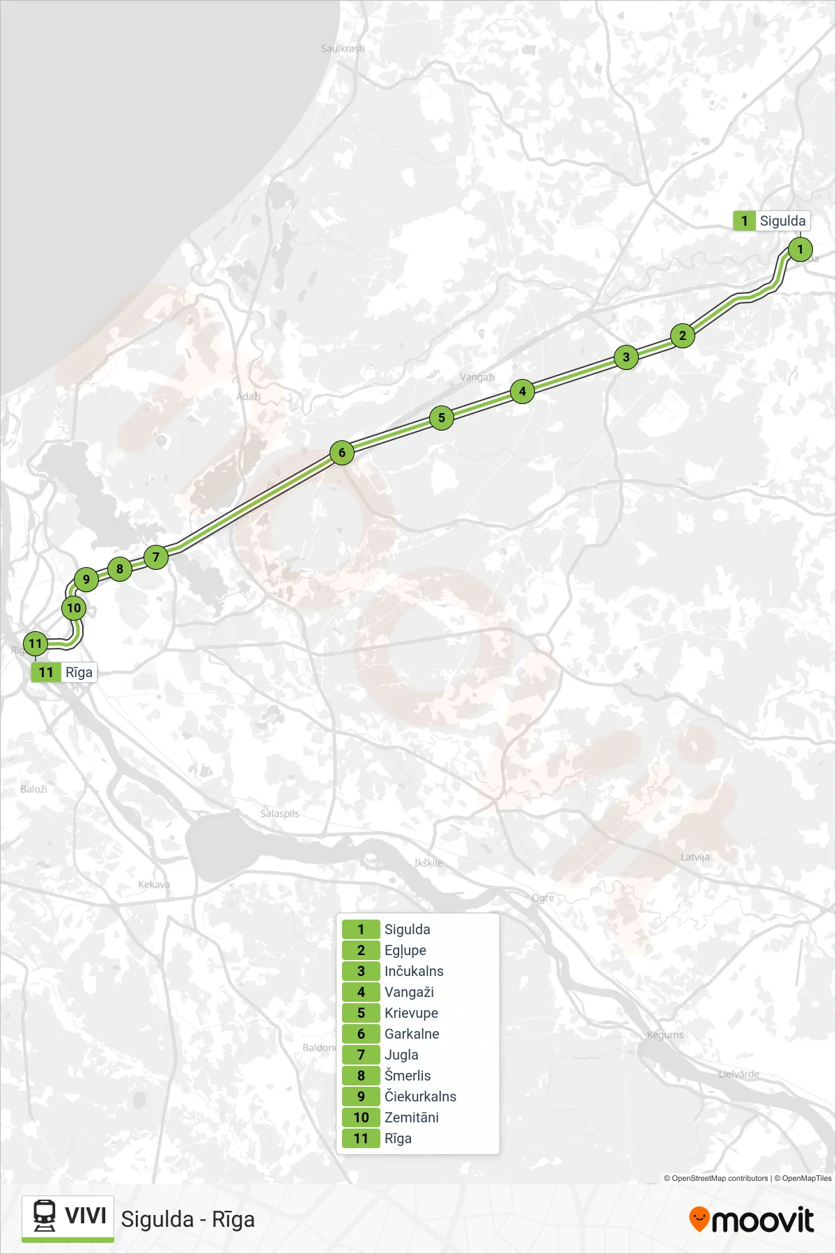 VIVI train Line (Sigulda - Rīga) route and stops on a map