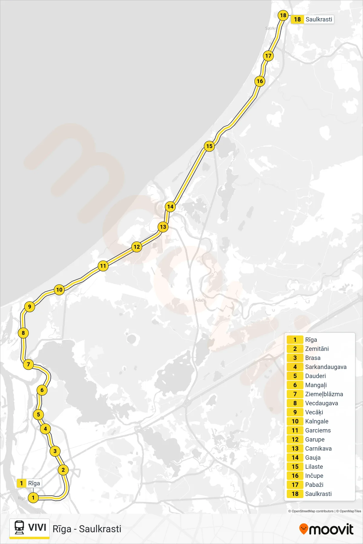 VIVI train Line (Rīga - Saulkrasti) route and stops on a map