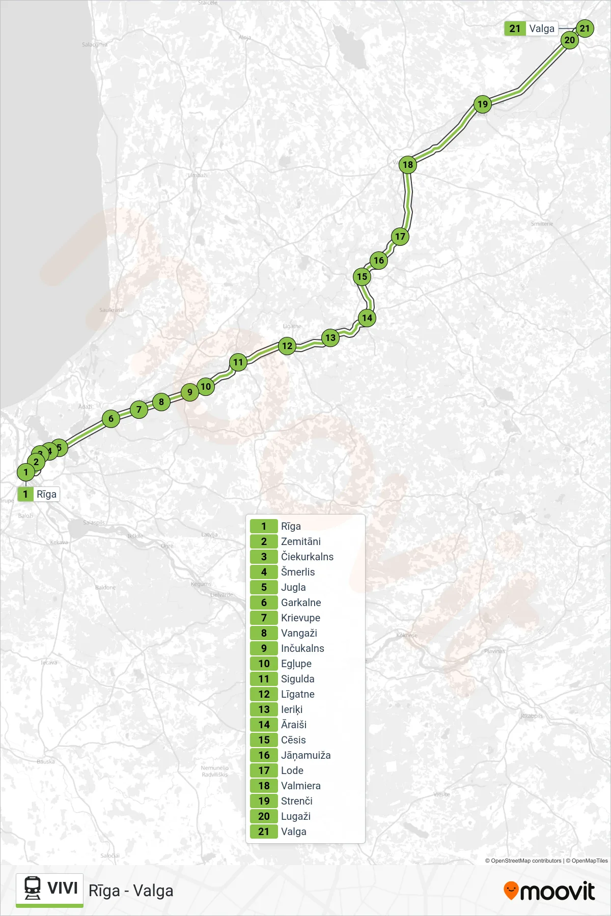 VIVI train Line (Rīga - Valga) route and stops on a map
