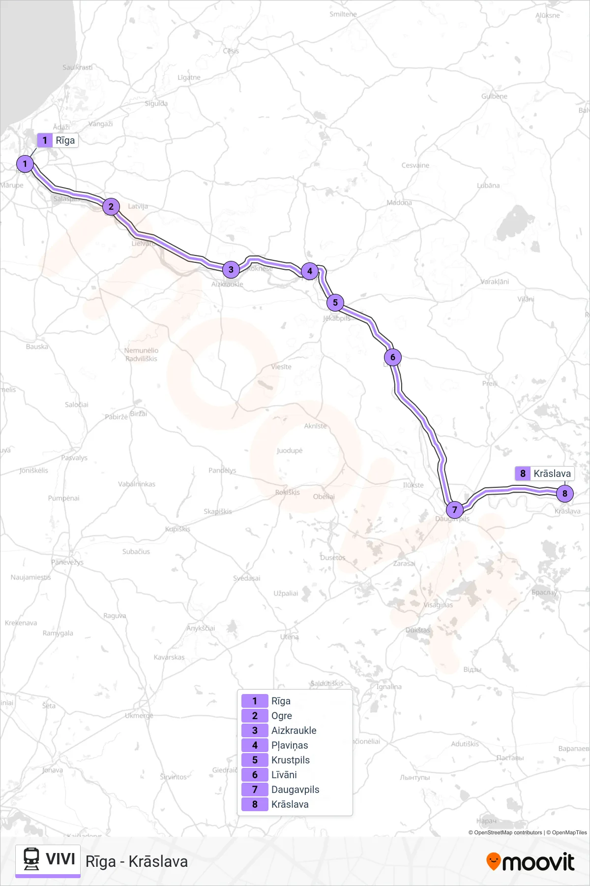 VIVI rail Line (Rīga - Krāslava) route and stops on a map