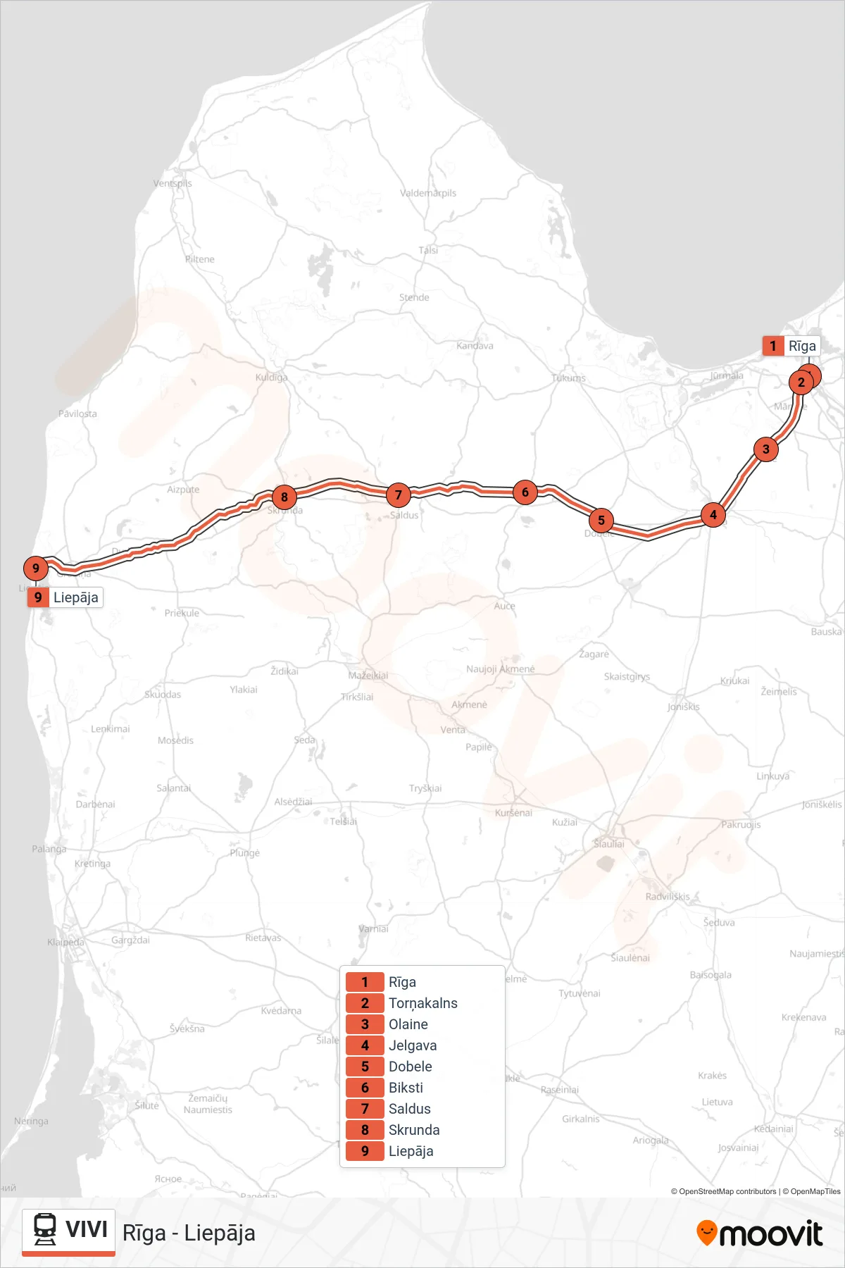 VIVI rail Line (Rīga - Liepāja) route and stops on a map