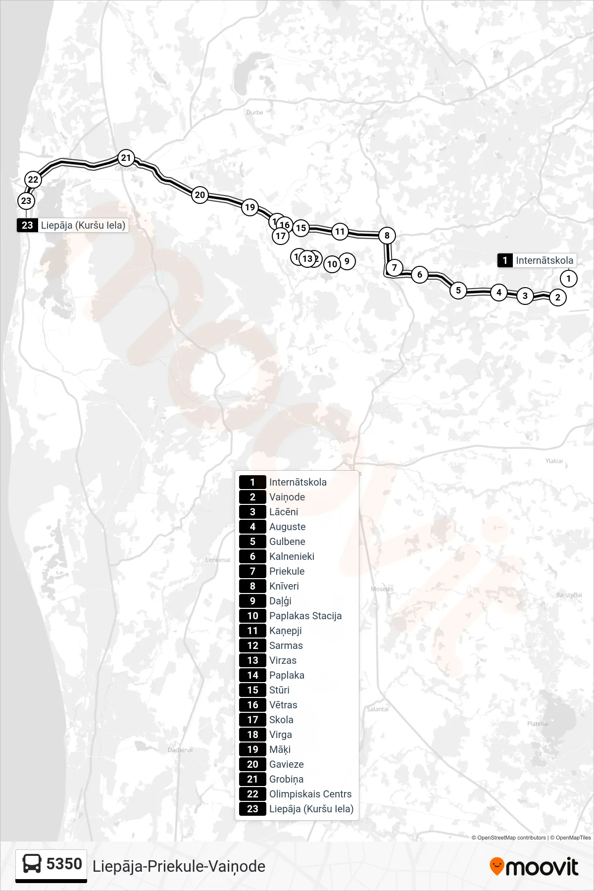 5350 bus Line (Liepāja (Kuršu Iela)) route and stops on a map
