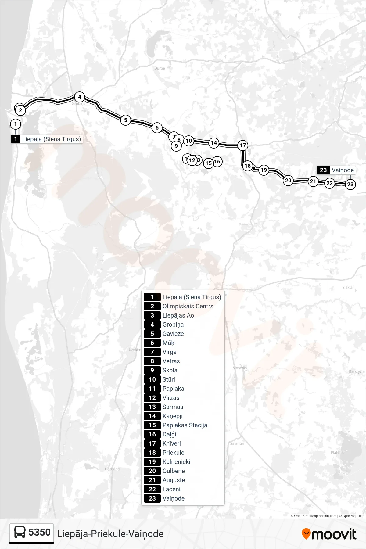5350 bus Line (Vaiņode) route and stops on a map