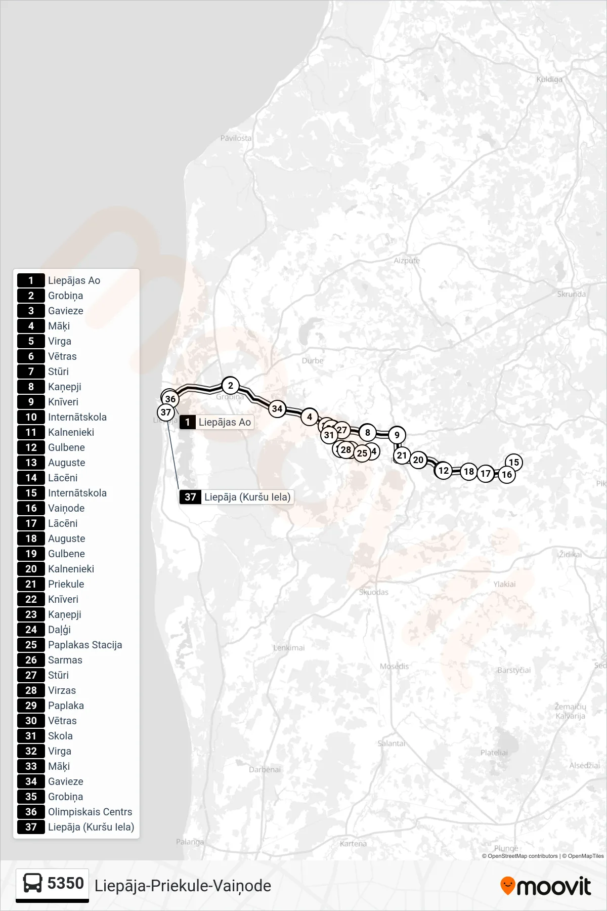5350 bus Line (Liepāja (Kuršu Iela)) route and stops on a map