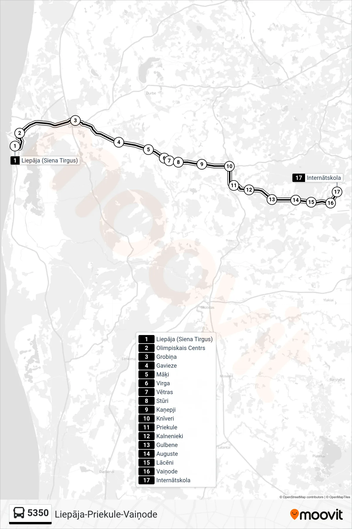 5350 bus Line (Internātskola) route and stops on a map
