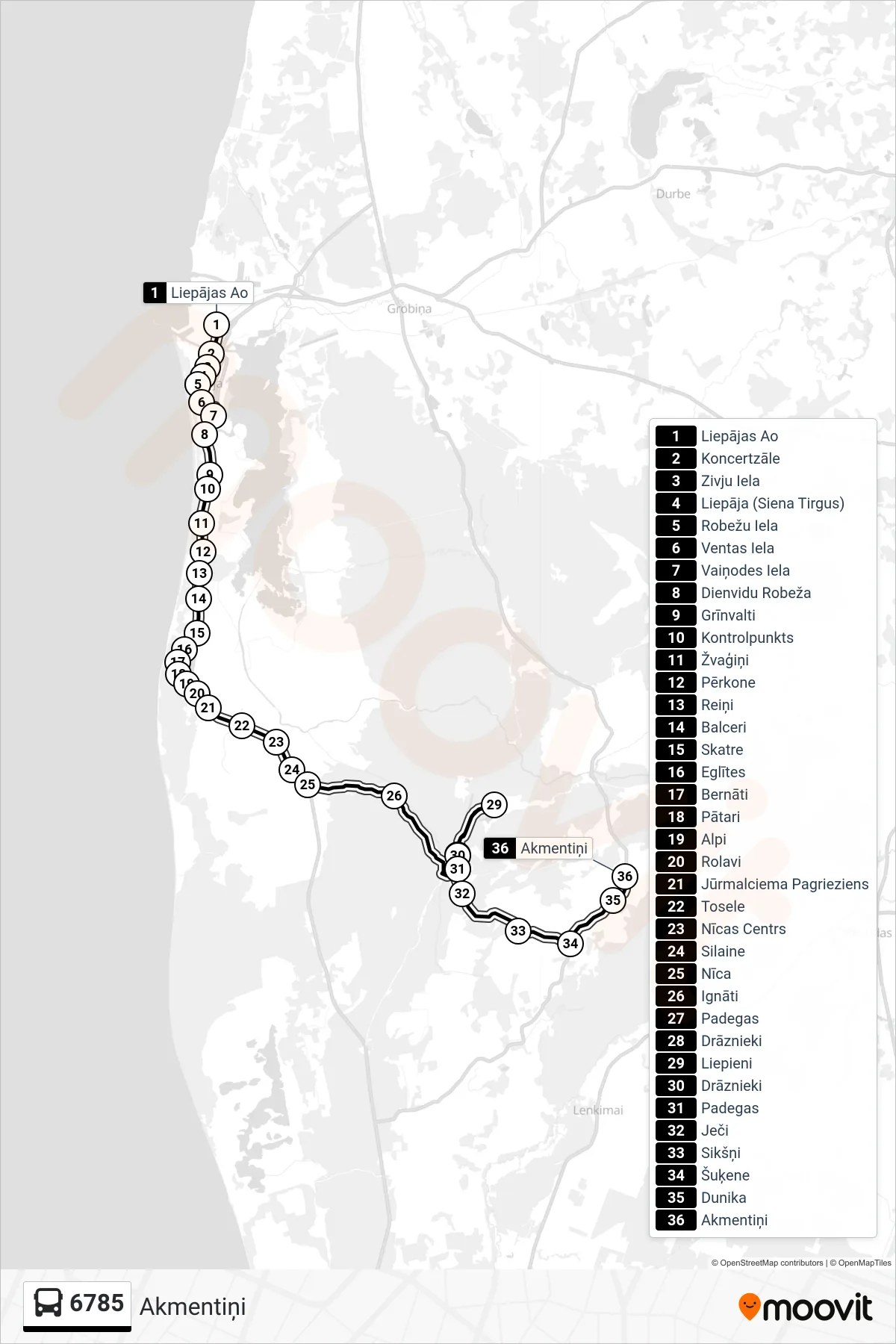 6785 bus Line (Akmentiņi) route and stops on a map
