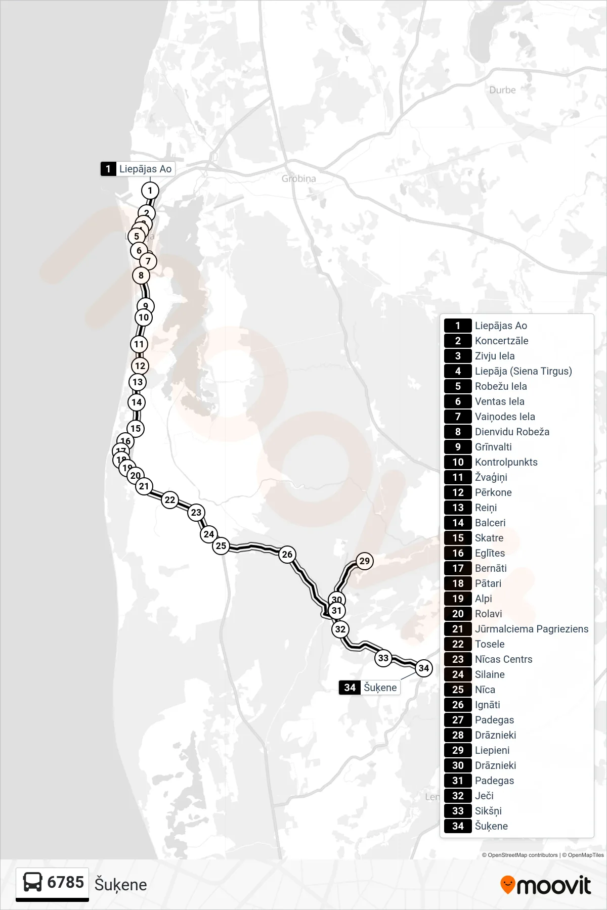 6785 bus Line (Šuķene) route and stops on a map
