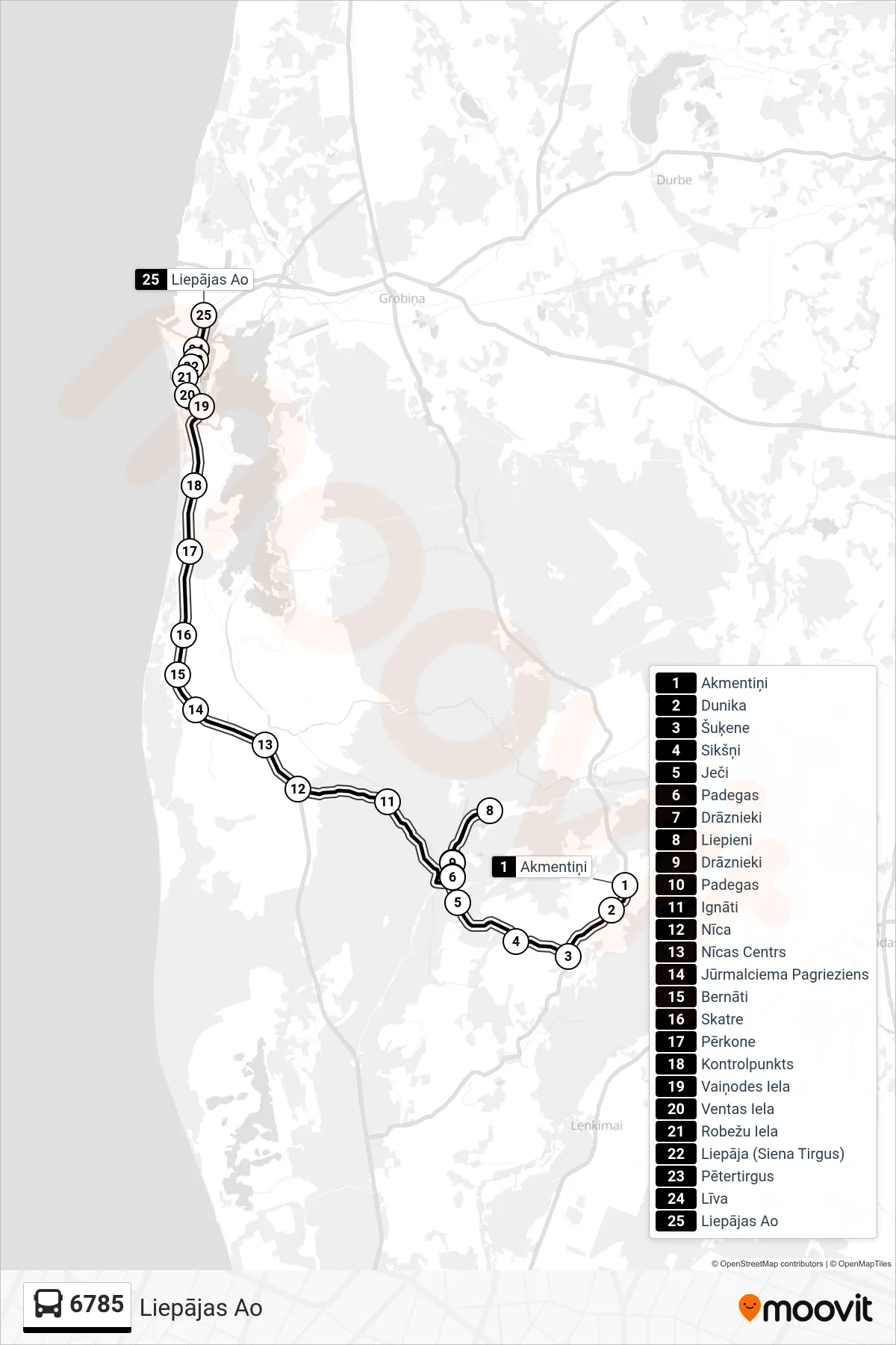 6785 bus Line (Liepājas Ao) route and stops on a map