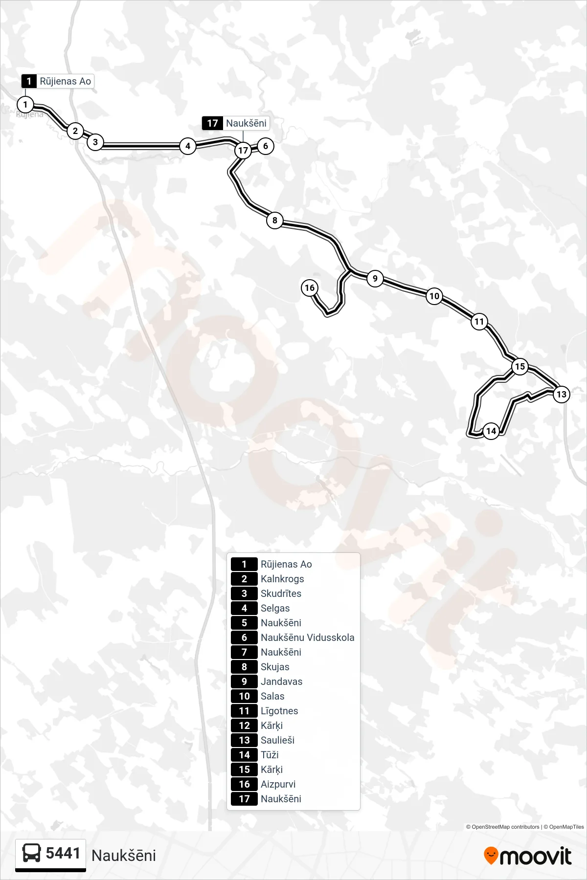 5441 bus Line (Naukšēni) route and stops on a map