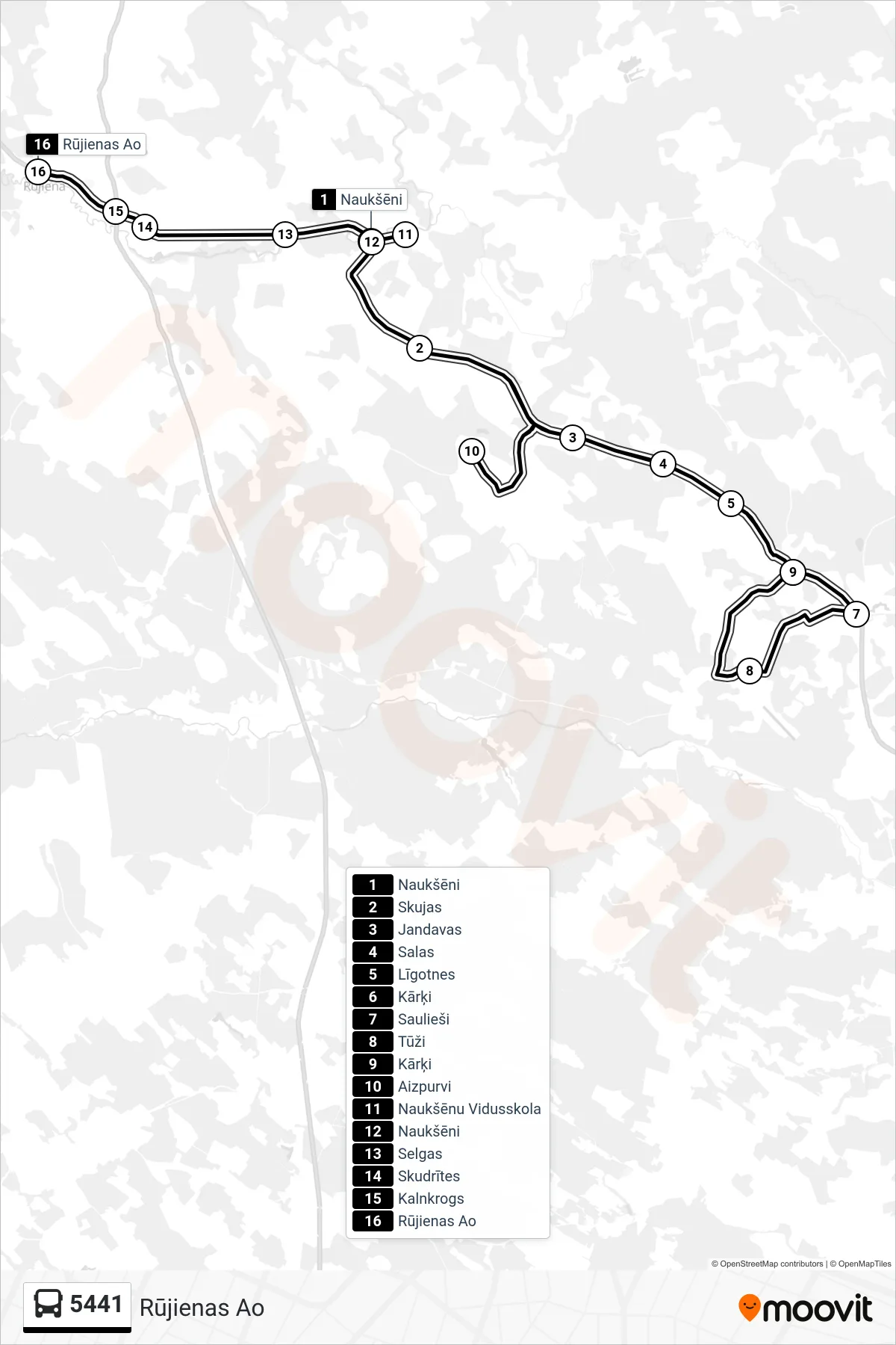 5441 bus Line (Rūjienas Ao) route and stops on a map