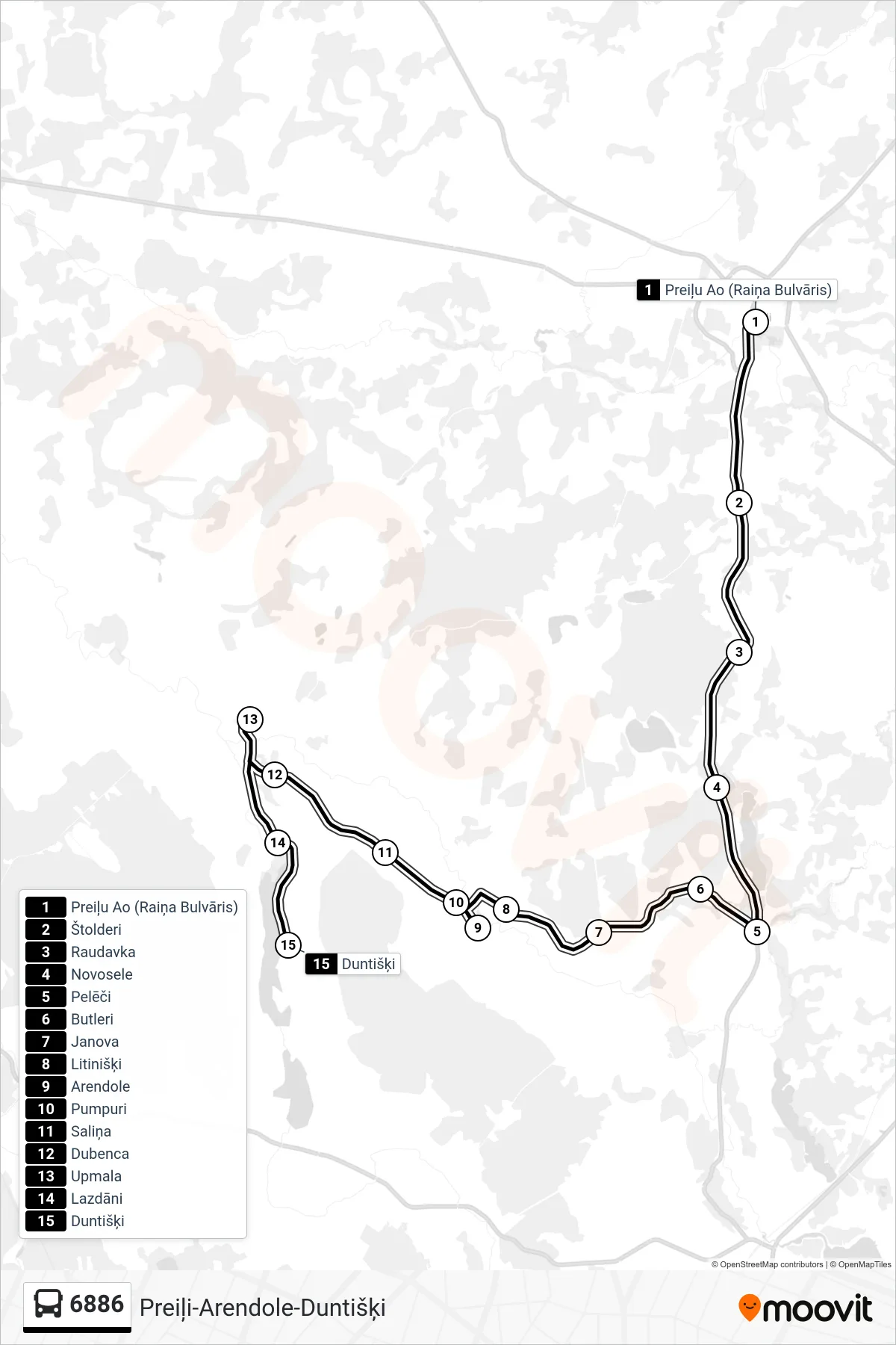 6886 bus Line (Duntišķi) route and stops on a map