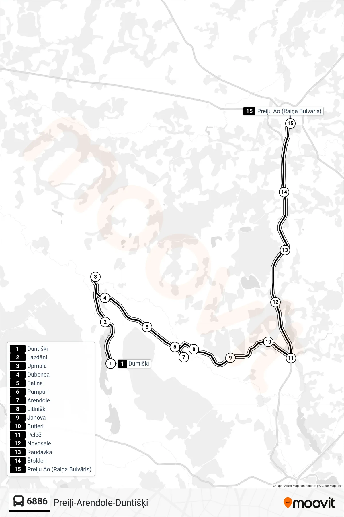 6886 bus Line (Preiļu Ao (Raiņa Bulvāris)) route and stops on a map