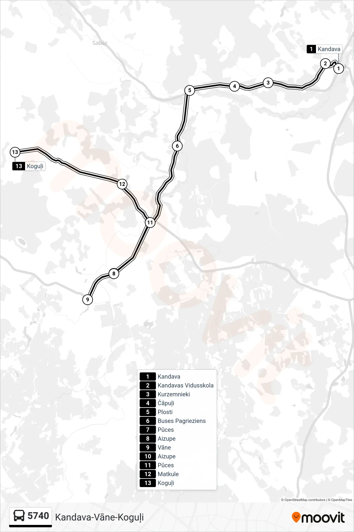 5740 bus Line (Koguļi) route and stops on a map