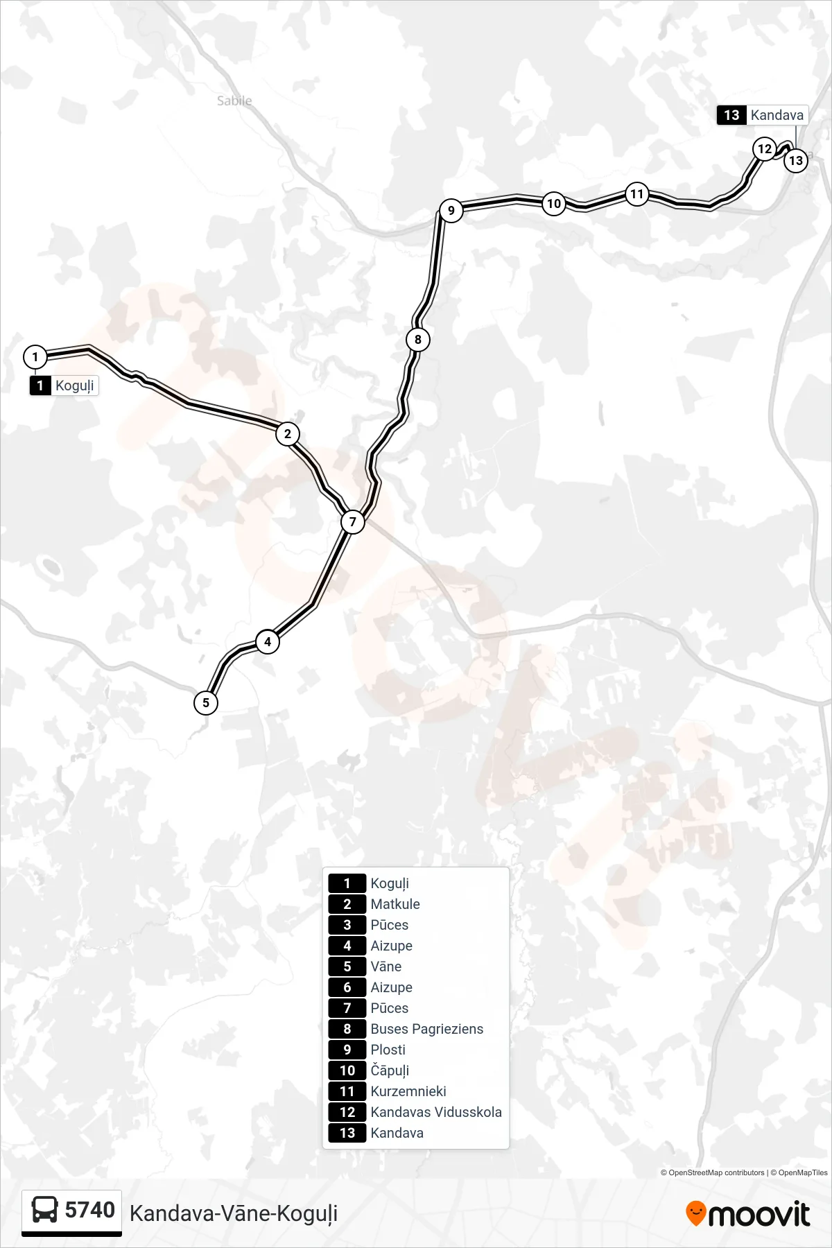 5740 bus Line (Kandava) route and stops on a map