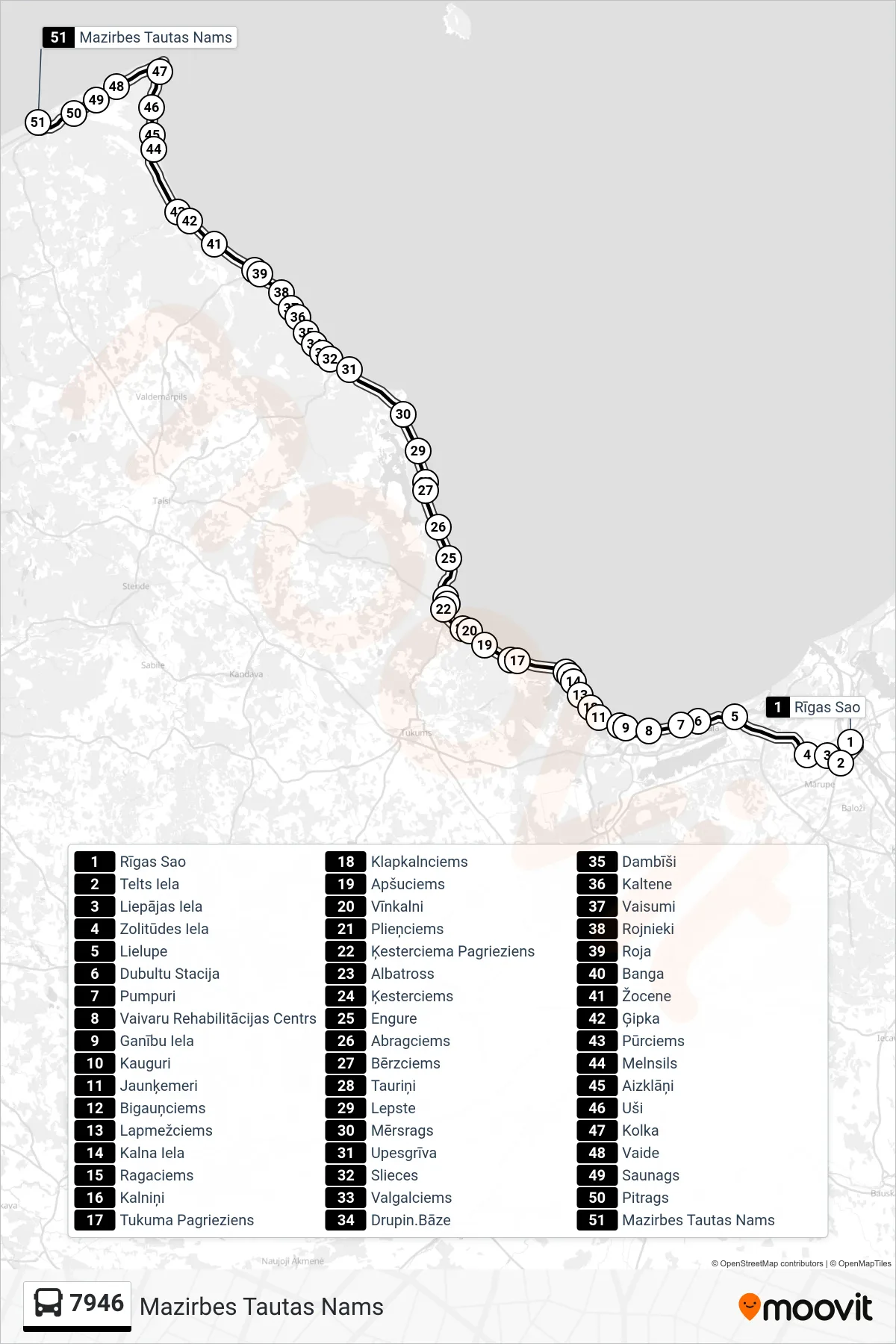 7946 bus Line (Mazirbes Tautas Nams) route and stops on a map