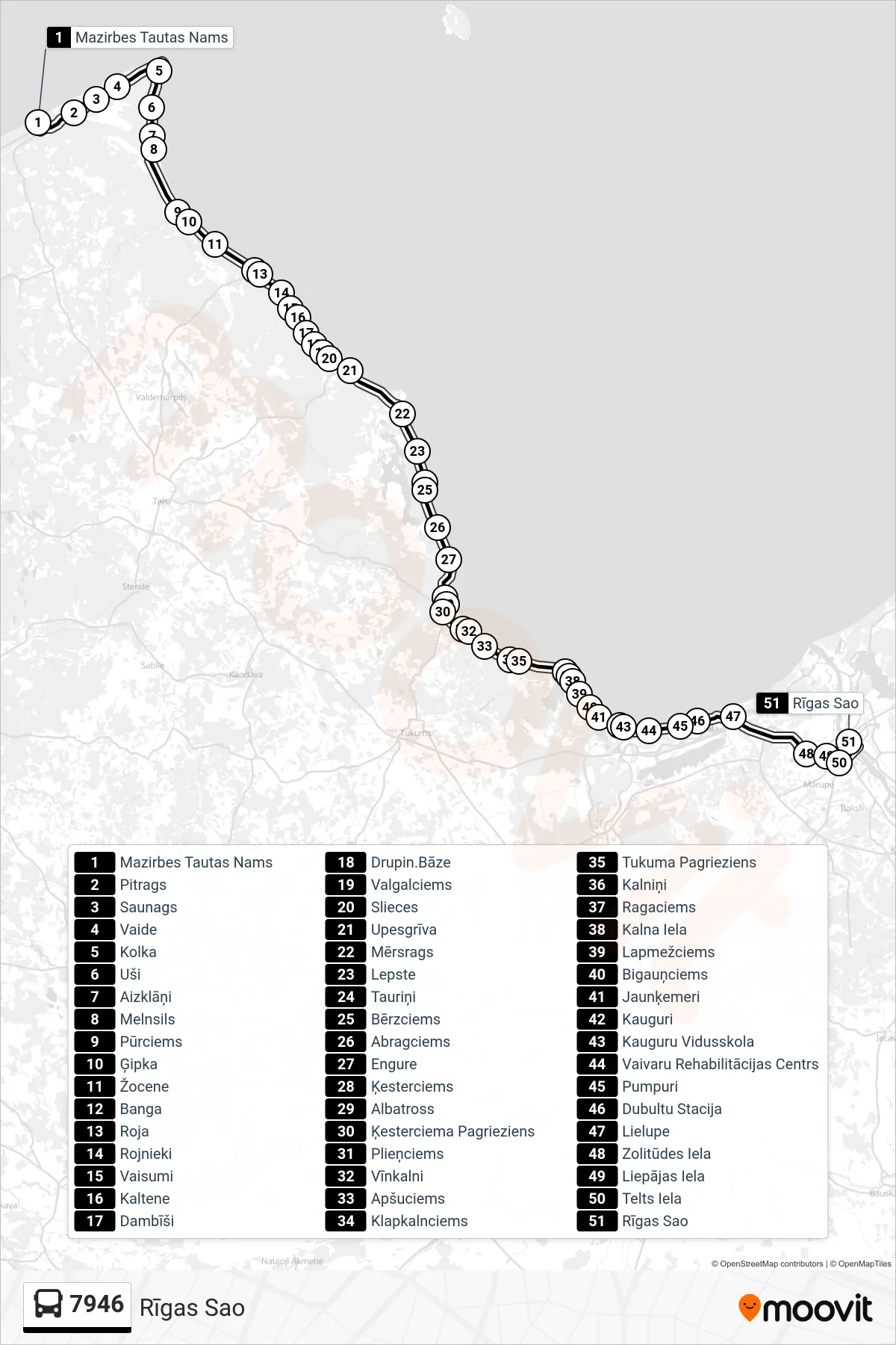 7946 bus Line (Rīgas Sao) route and stops on a map