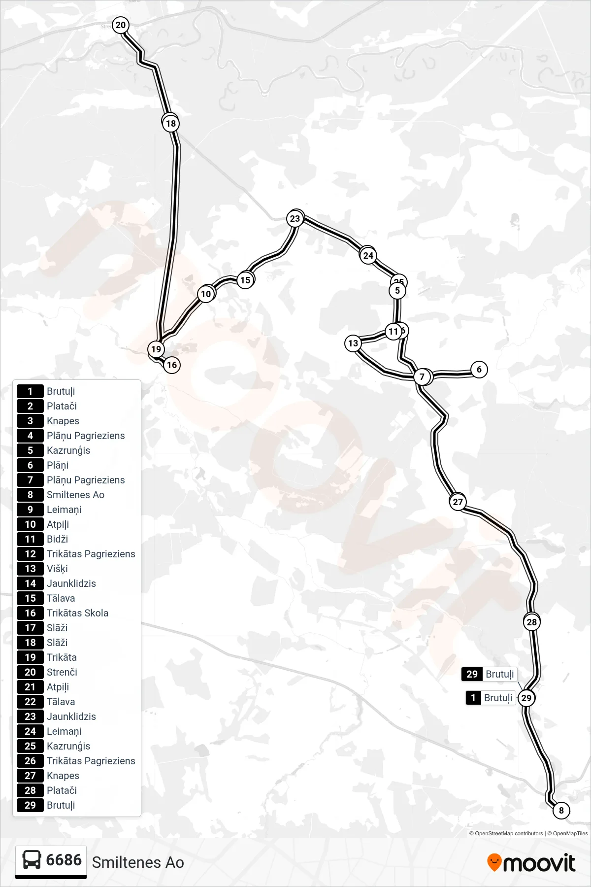 6686 bus Line (Smiltenes Ao) route and stops on a map