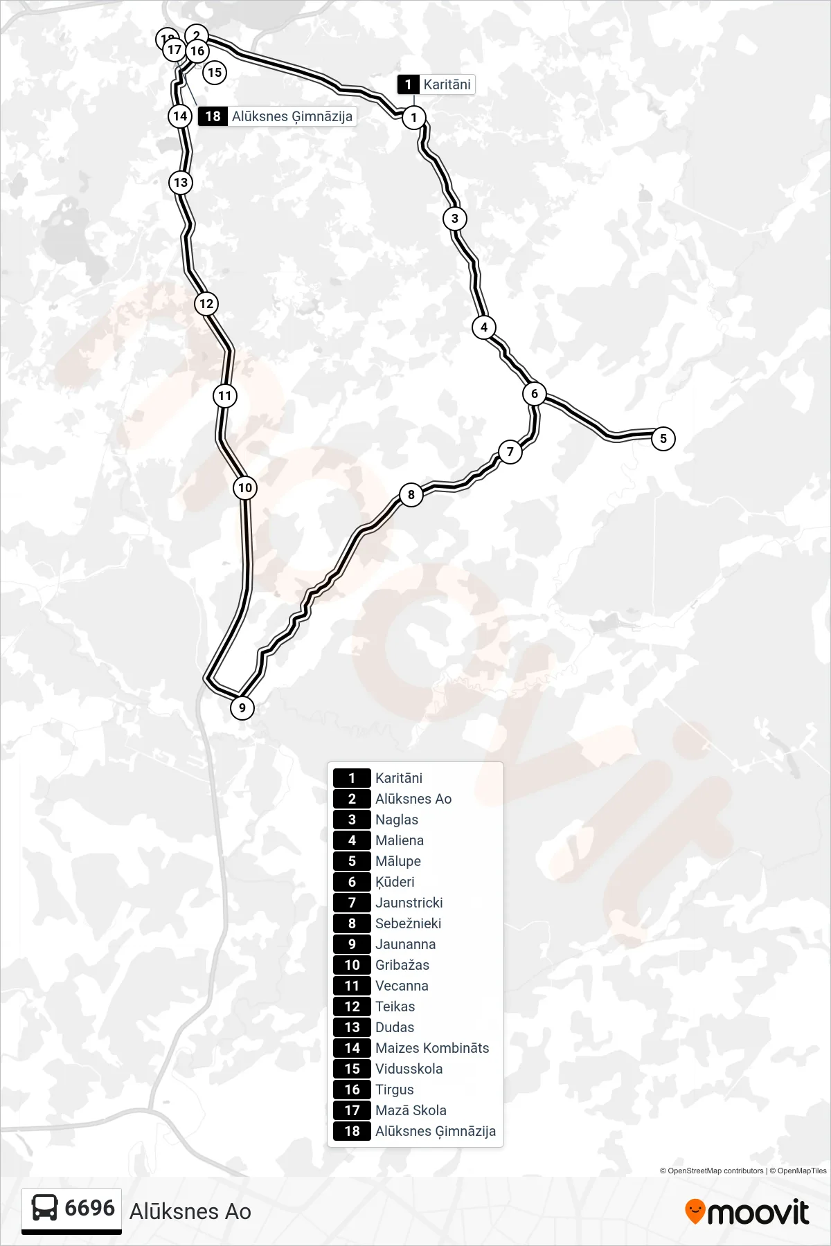 6696 bus Line (Alūksnes Ao) route and stops on a map