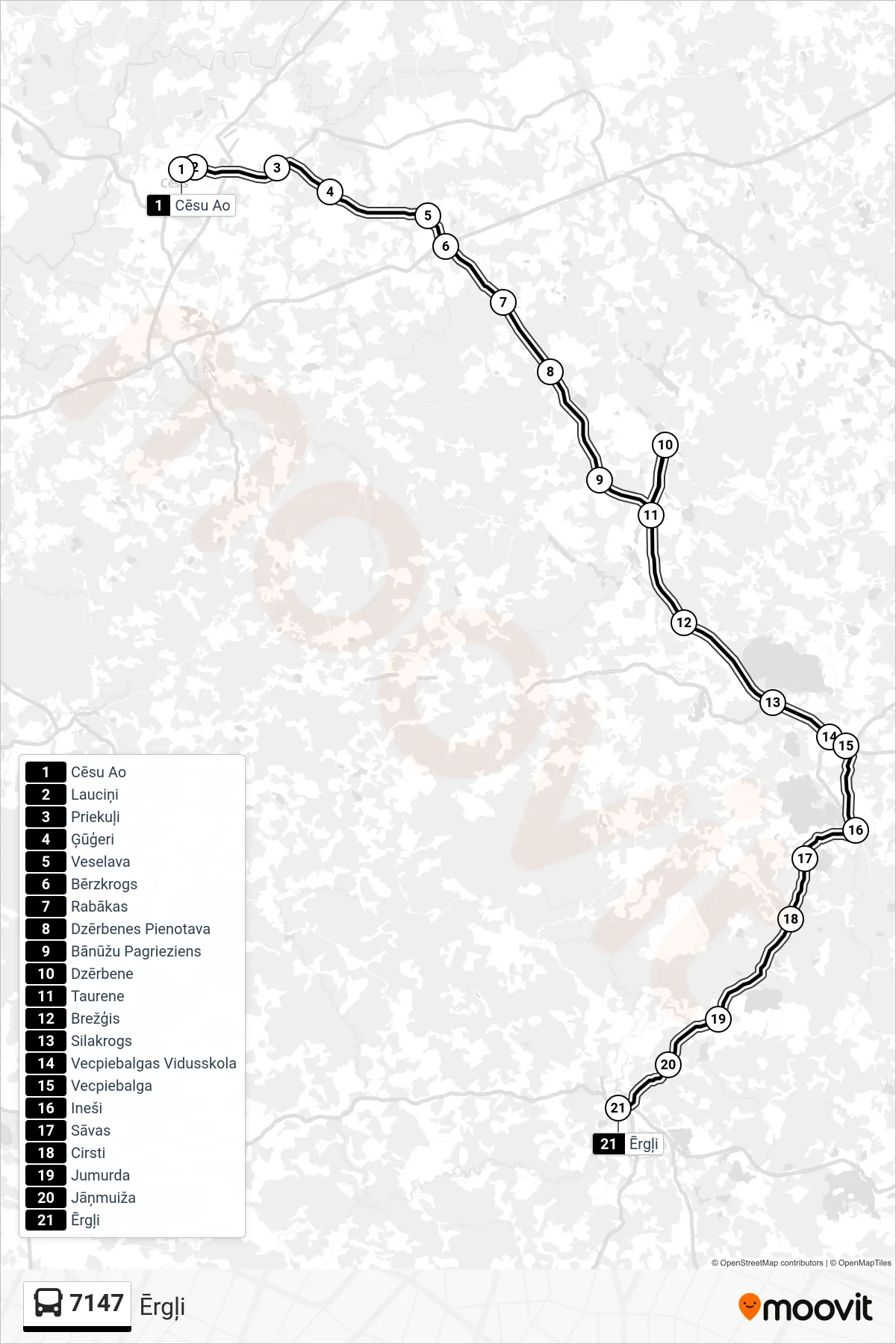 7147 bus Line (Ērgļi) route and stops on a map
