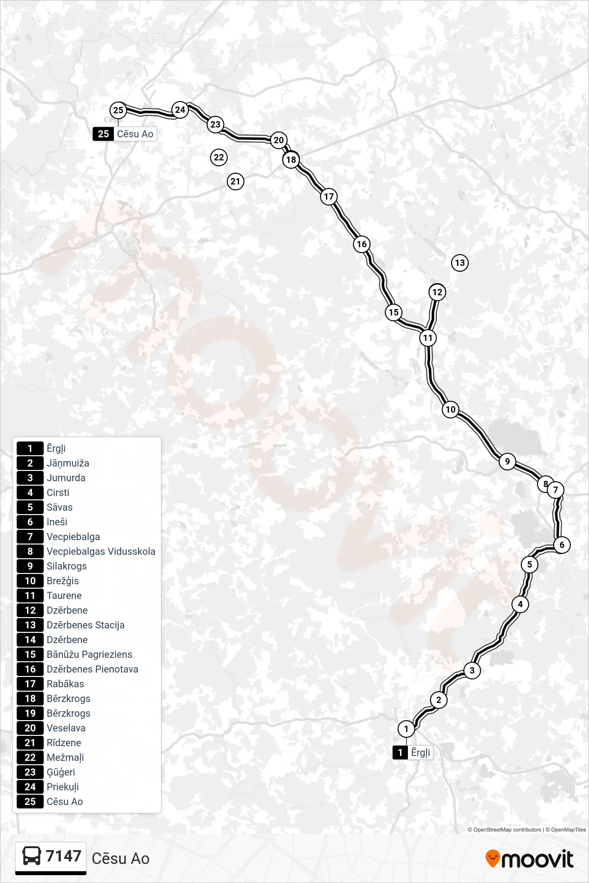 7147 bus Line (Cēsu Ao) route and stops on a map