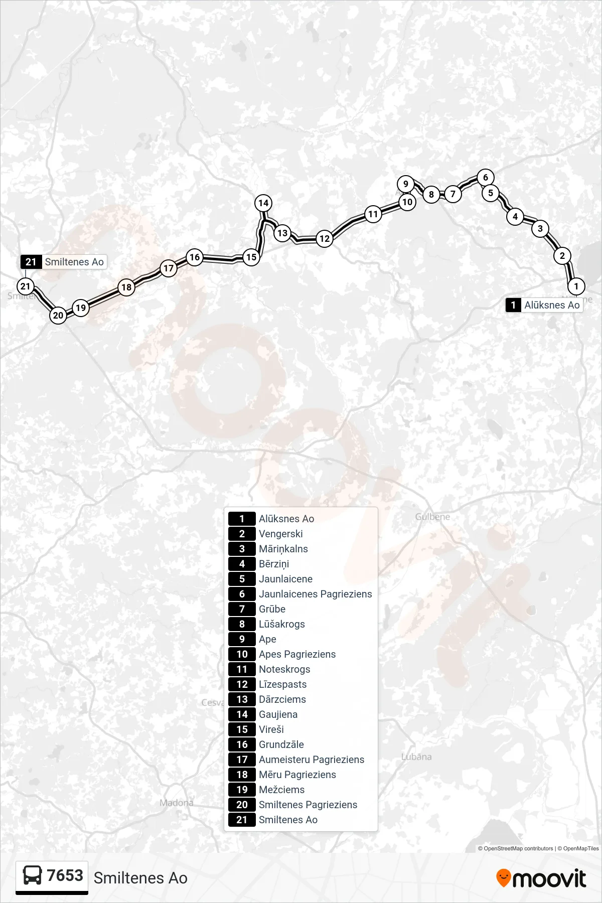 7653 bus Line (Smiltenes Ao) route and stops on a map