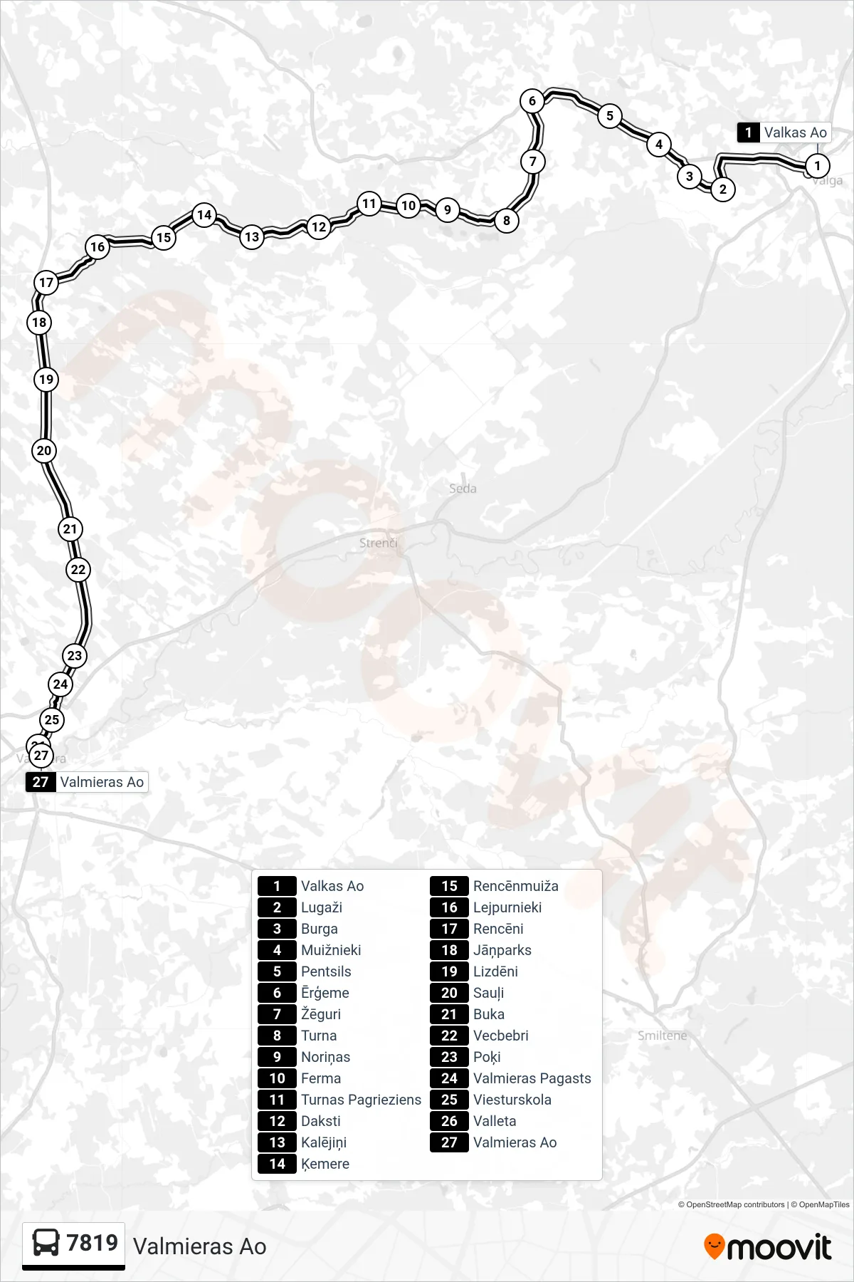 7819 bus Line (Valmieras Ao) route and stops on a map