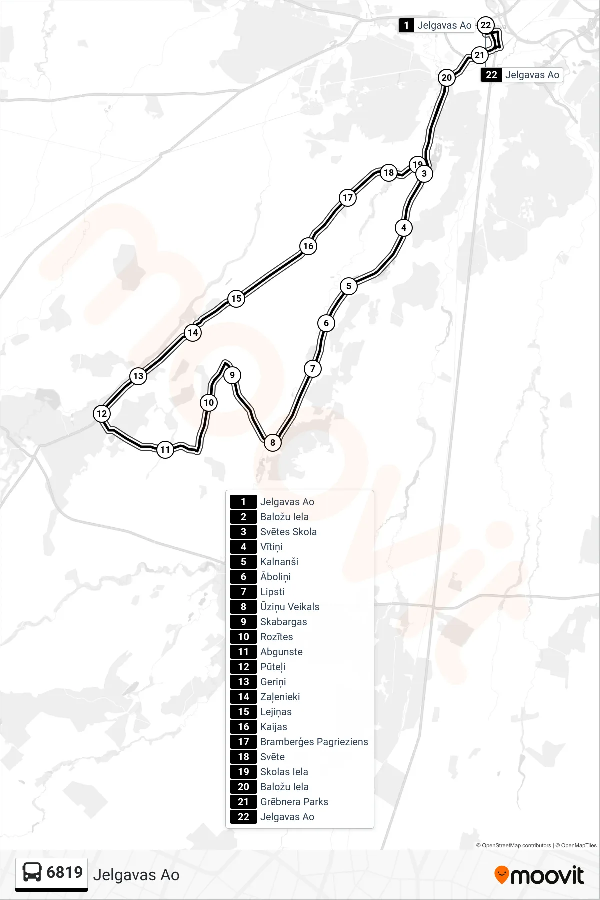 6819 bus Line (Jelgavas Ao) route and stops on a map