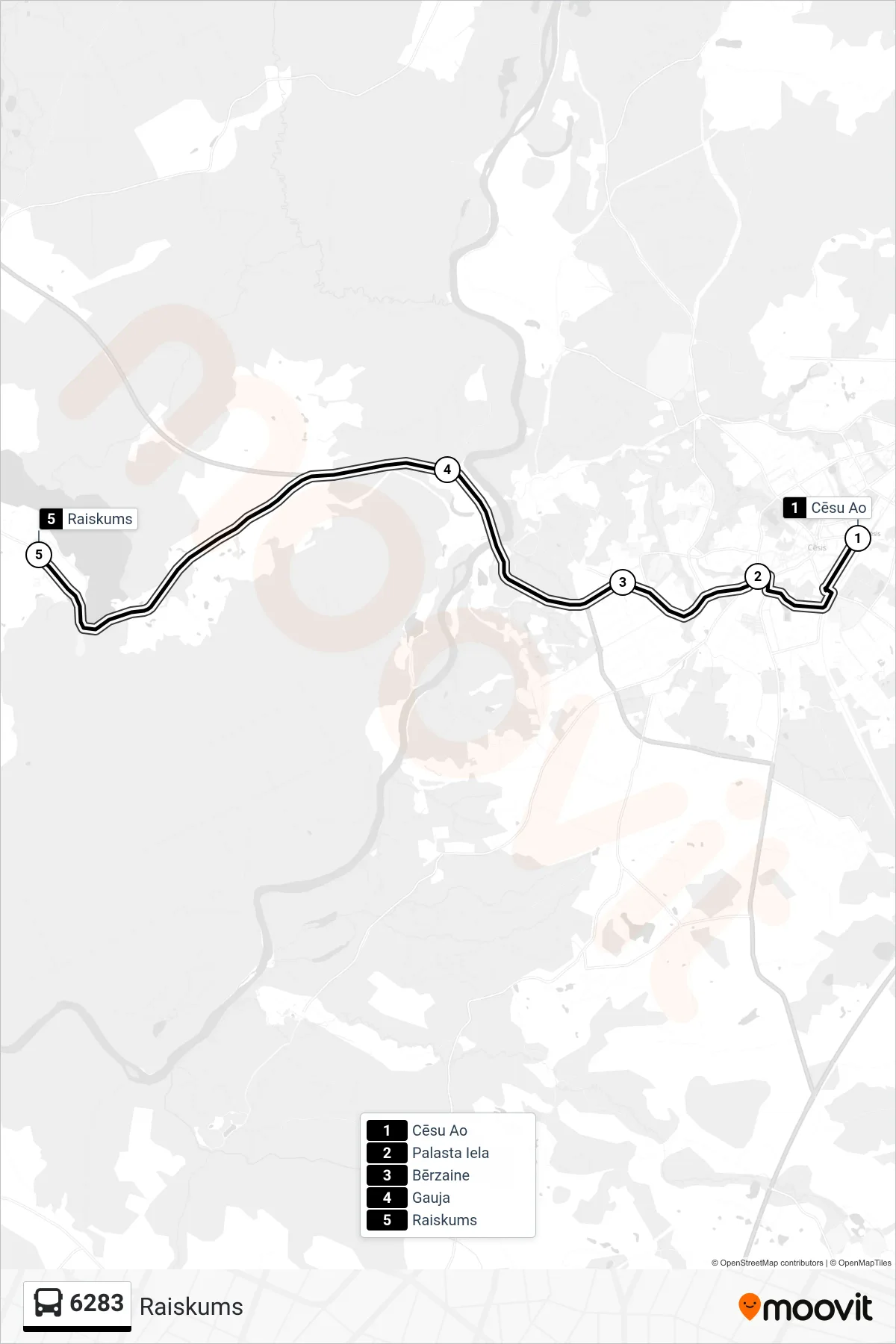 6283 bus Line (Raiskums) route and stops on a map