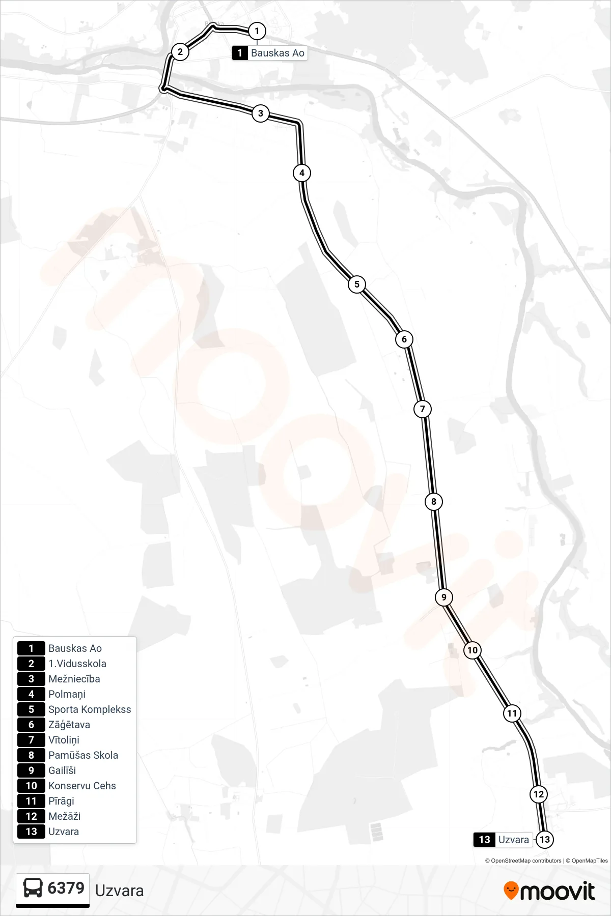 6379 bus Line (Uzvara) route and stops on a map