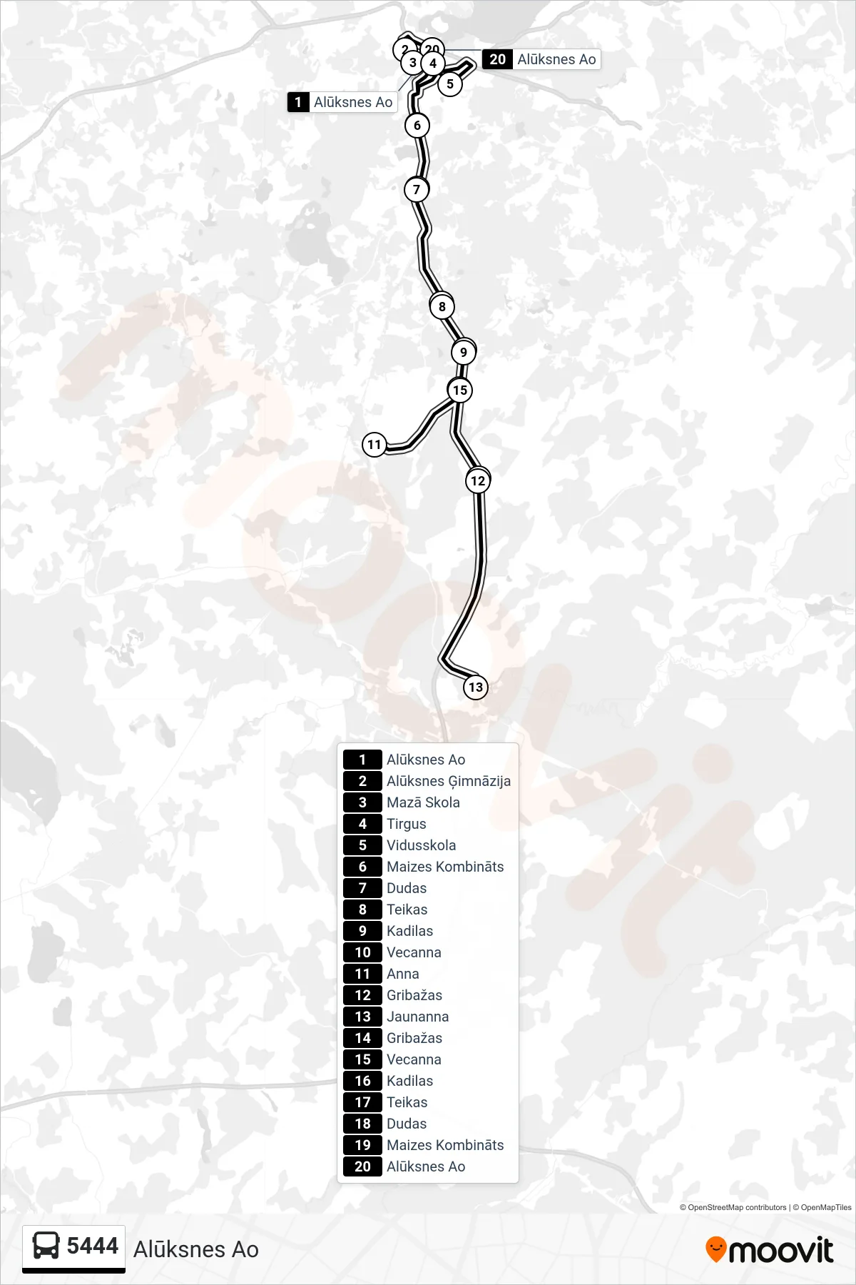 5444 bus Line (Alūksnes Ao) route and stops on a map