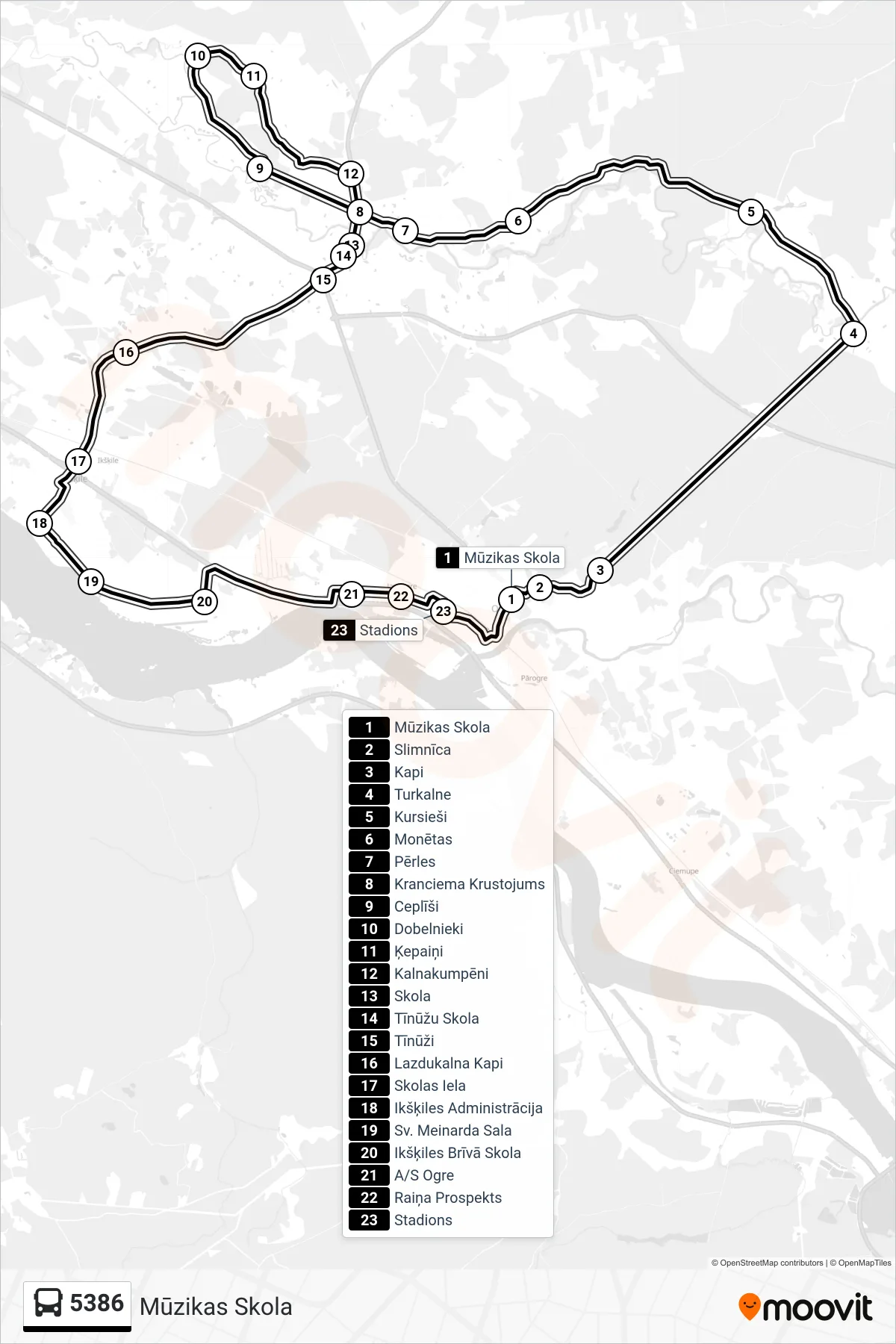 5386 bus Line (Mūzikas Skola) route and stops on a map