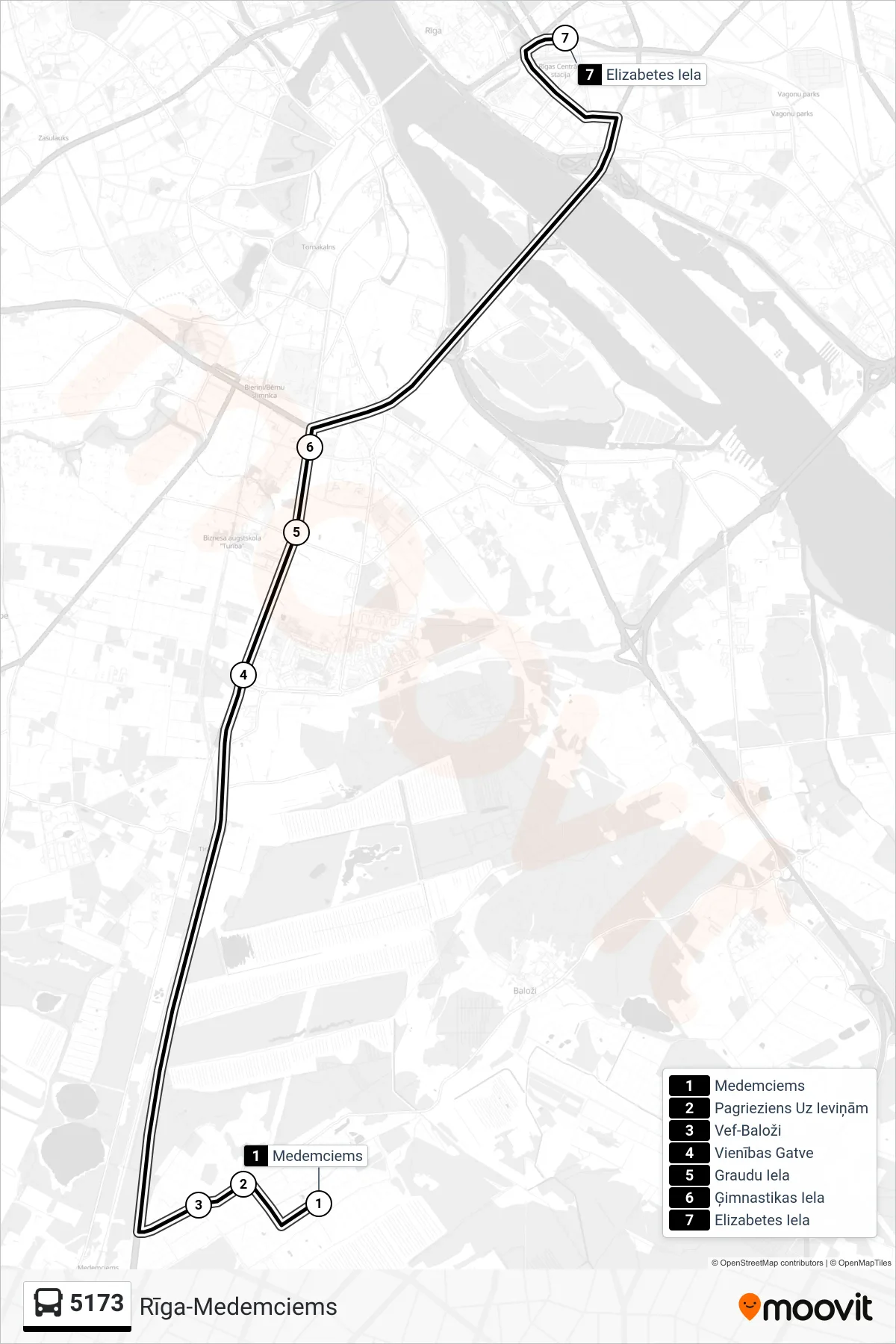 5173 bus Line (Rīga (Elizabetes Iela)) route and stops on a map