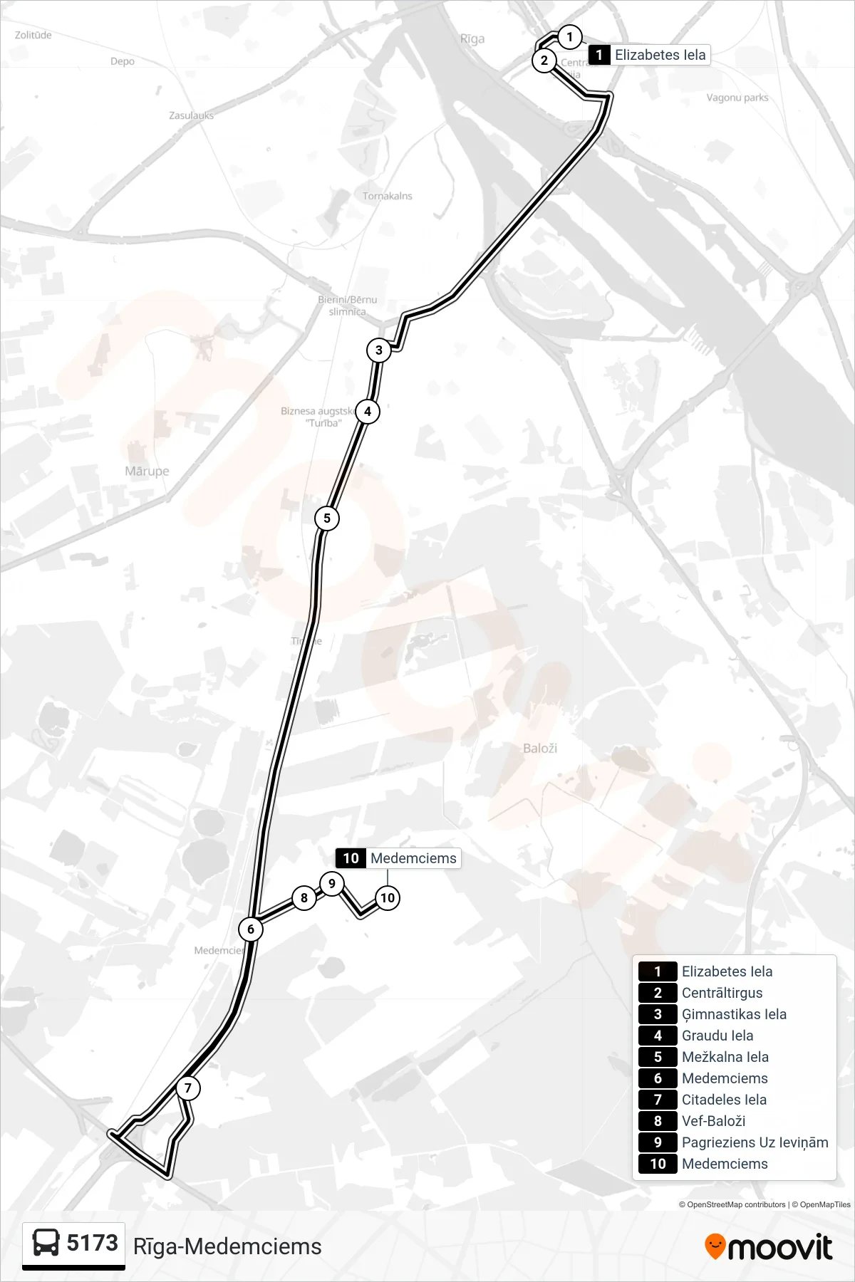 5173 bus Line (Medemciems) route and stops on a map