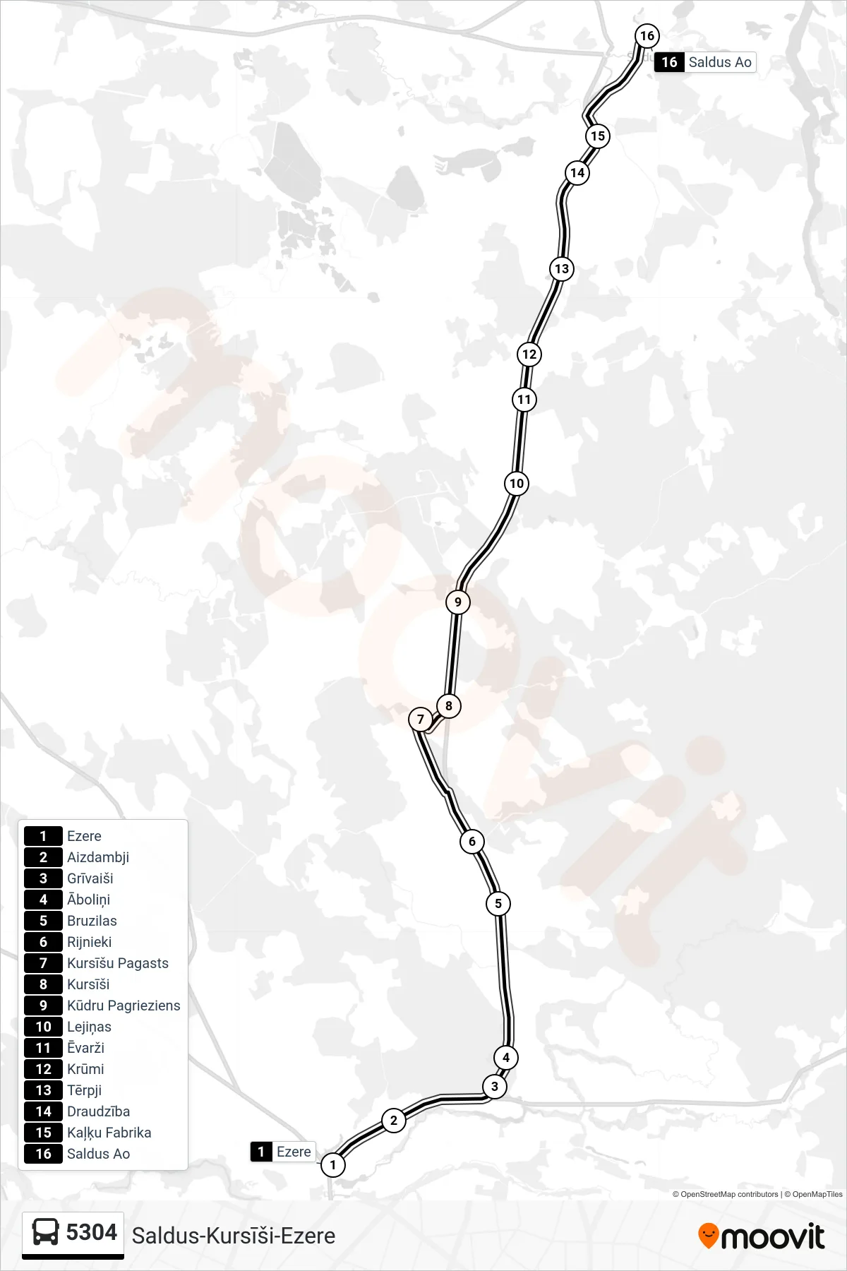 5304 bus Line (Saldus Ao) route and stops on a map