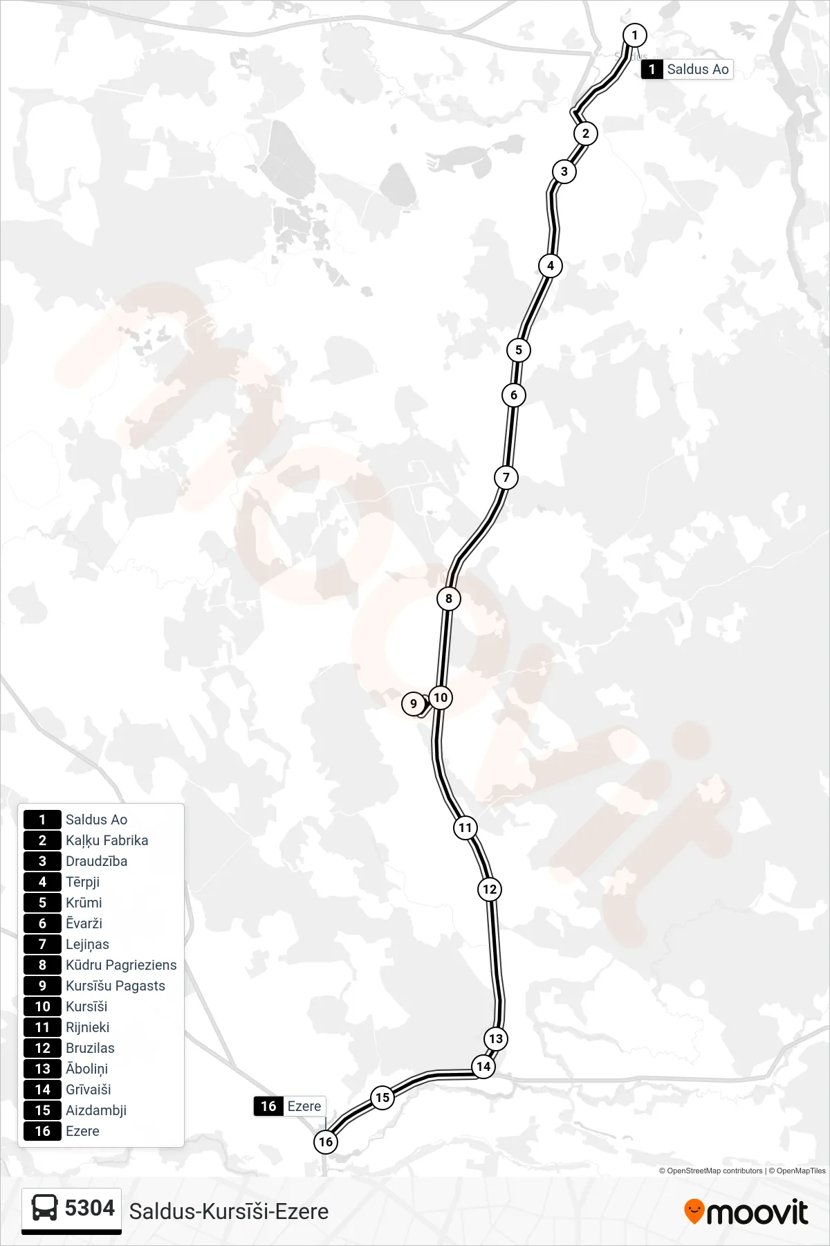 5304 bus Line (Ezere) route and stops on a map
